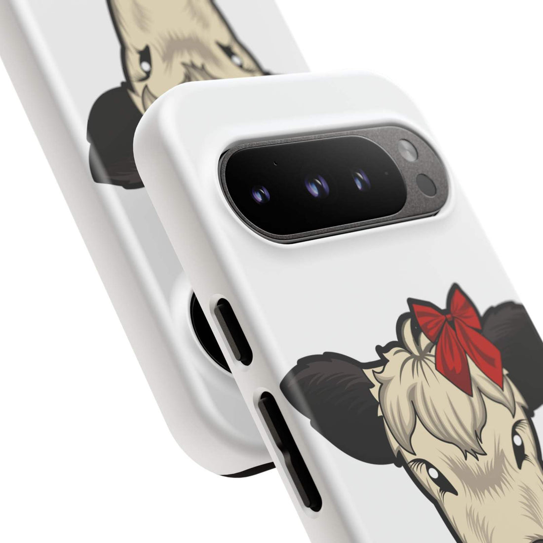 Farmhouse Chic Phone Case with Dolly the Adorable Red Bow Cow design, offering rustic charm and modern protection.