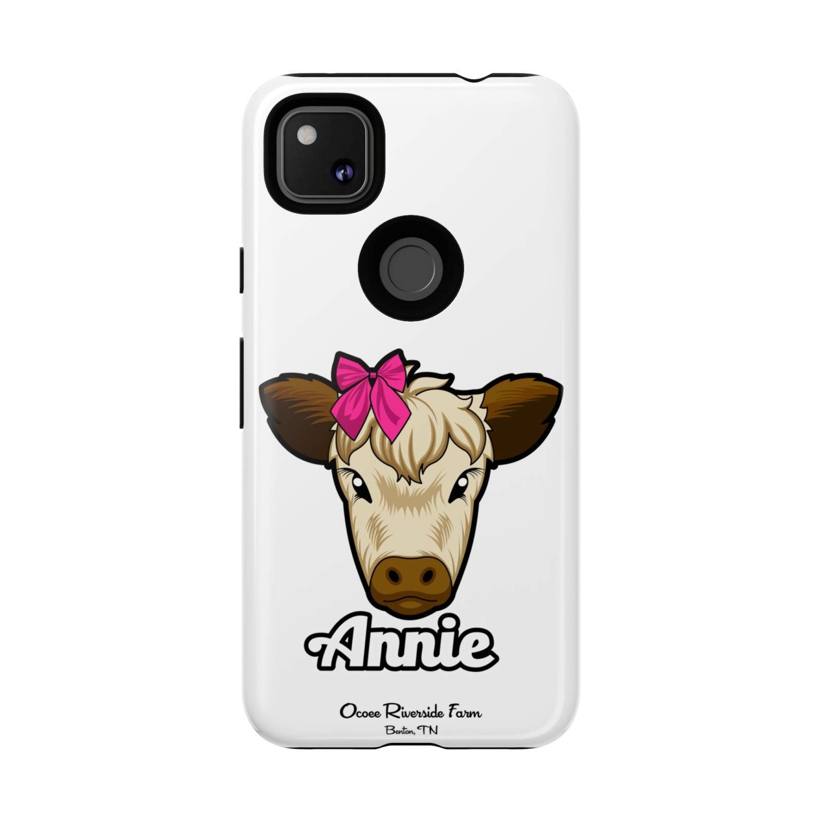 Cute cow phone case with red bow, ideal farm animal lover gift, stylish and durable.