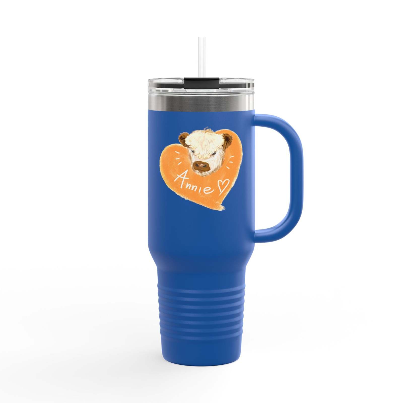 Blue personalized insulated travel mug with custom name "Annie" and heart design, stainless steel, 40oz with handle and lid