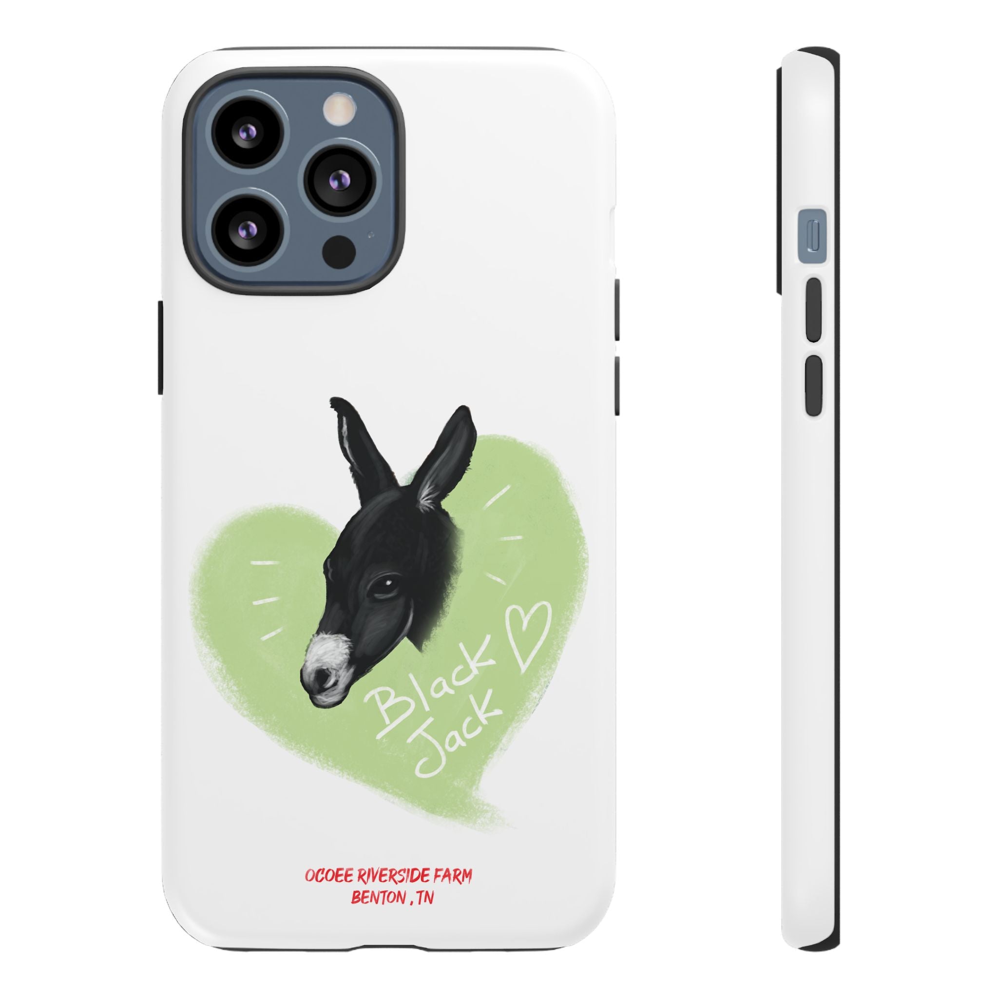 A donkey featuring the words "Black Jack" prominently displayed on its side at Ocoee Riverside Farm Phone Case