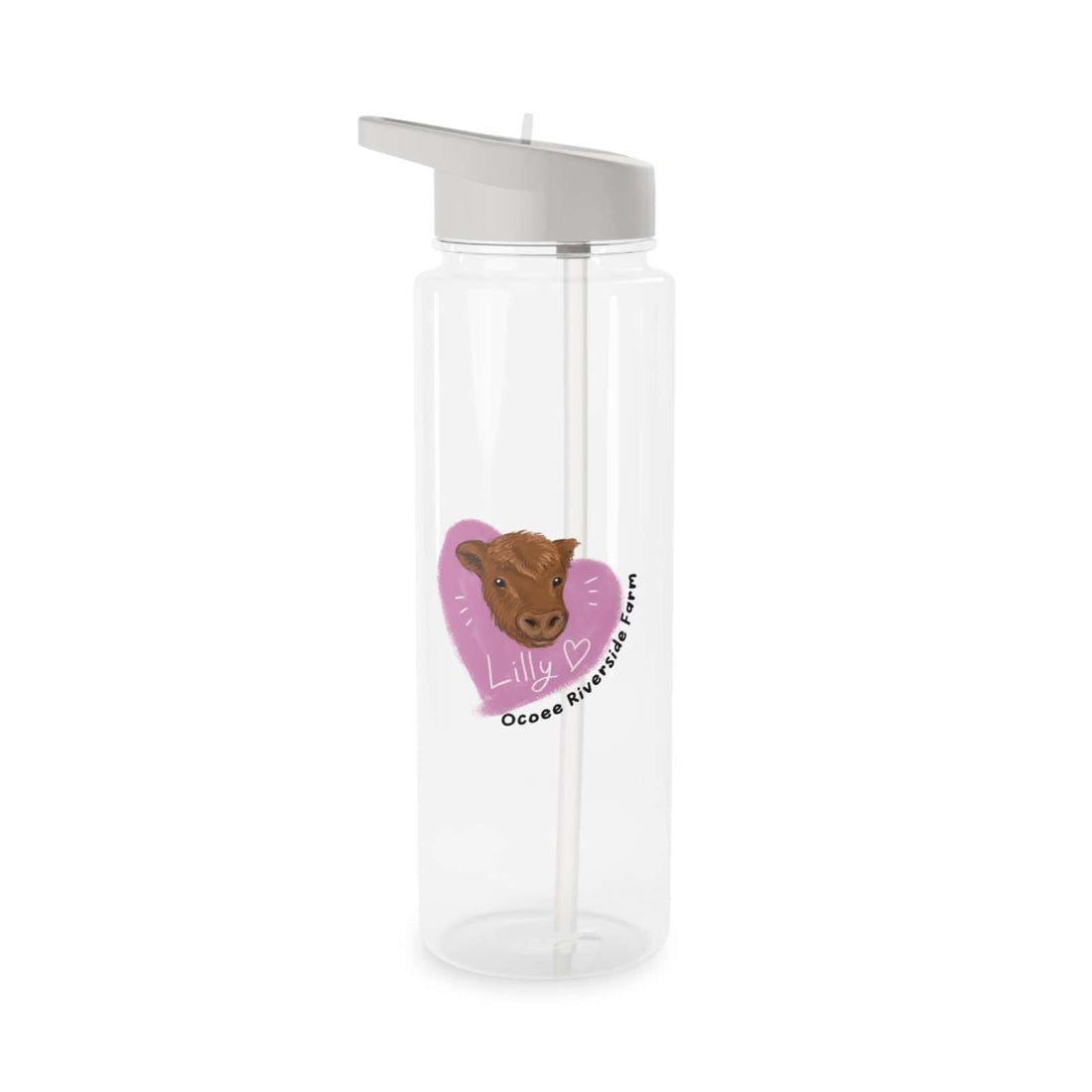Clear Cow Farm Water Bottle with gray spill-resistant lid and foldable straw featuring a cute cow design and pink heart background