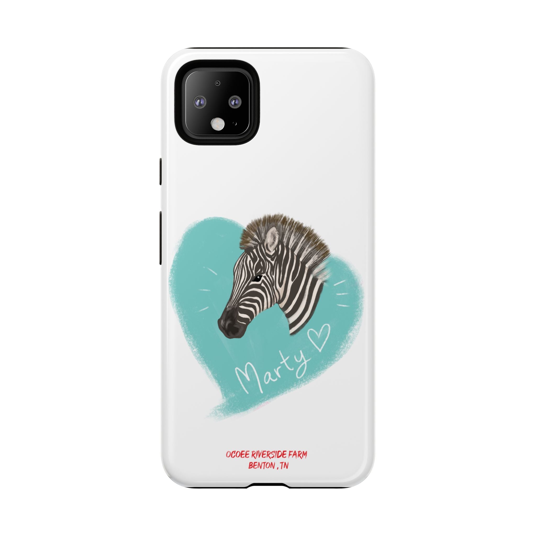 A zebra adorned with the word "Marty" creatively integrated into its stripes at Ocoee Riverside Farm Phone Case
