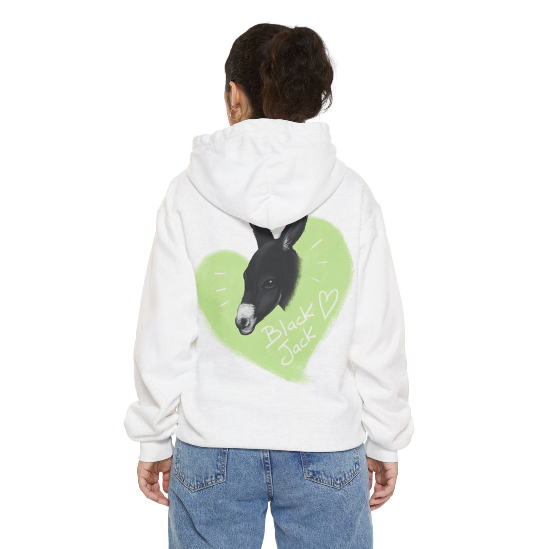 A donkey featuring the words "Black Jack" prominently displayed on its side at Ocoee Riverside Farm Unisex Hoodie