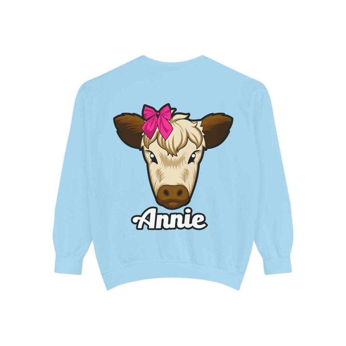Cute farm animal sweatshirt featuring a cow with a red bow, highlighting rural charm and comfort.