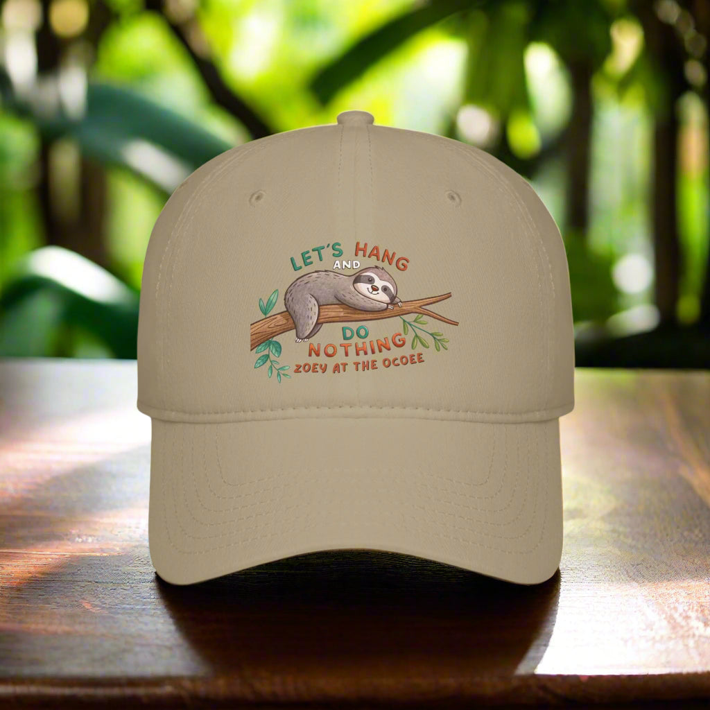 Cute Sloth Lover Low Profile Baseball Cap - "Let's Hang and Do Nothing"- Zoe at Ocoee Riverside Farm