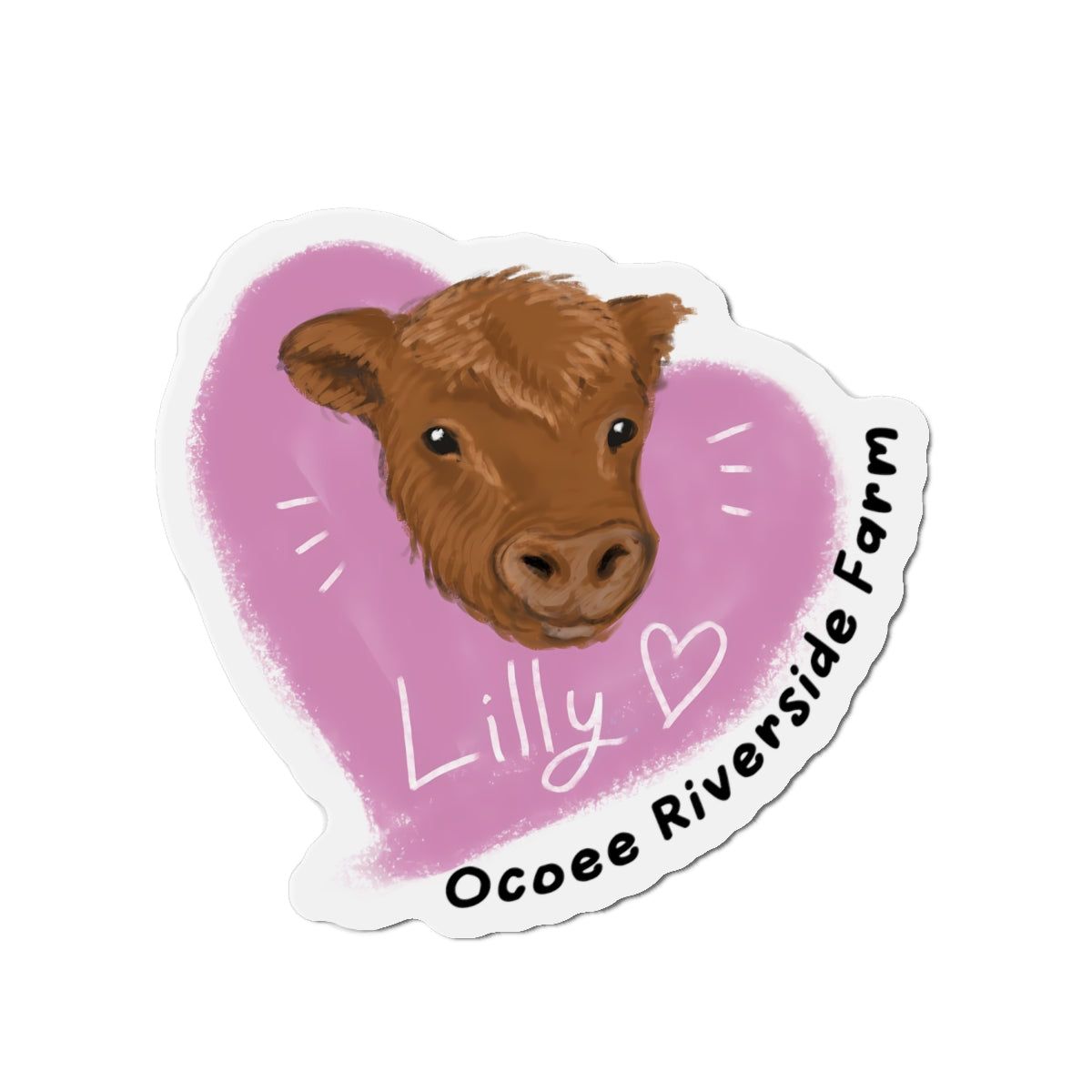Farm Animal Die-Cut Magnet with a cute cow head and purple heart background for home and office decor