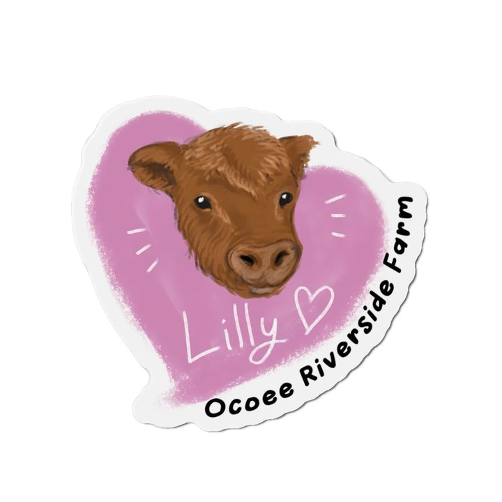 Farm Animal Die-Cut Magnet with a cute cow head and purple heart background for home and office decor