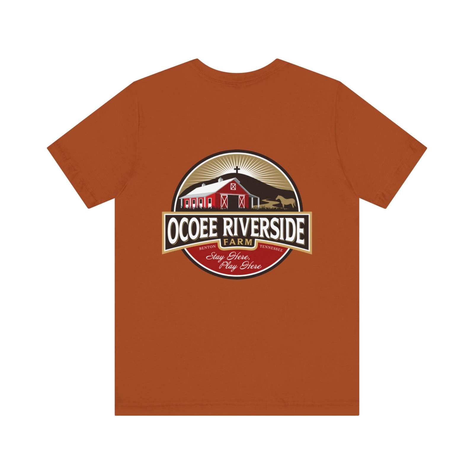 Unisex rust-colored t-shirt with Ocoee Riverside Farm logo on the back