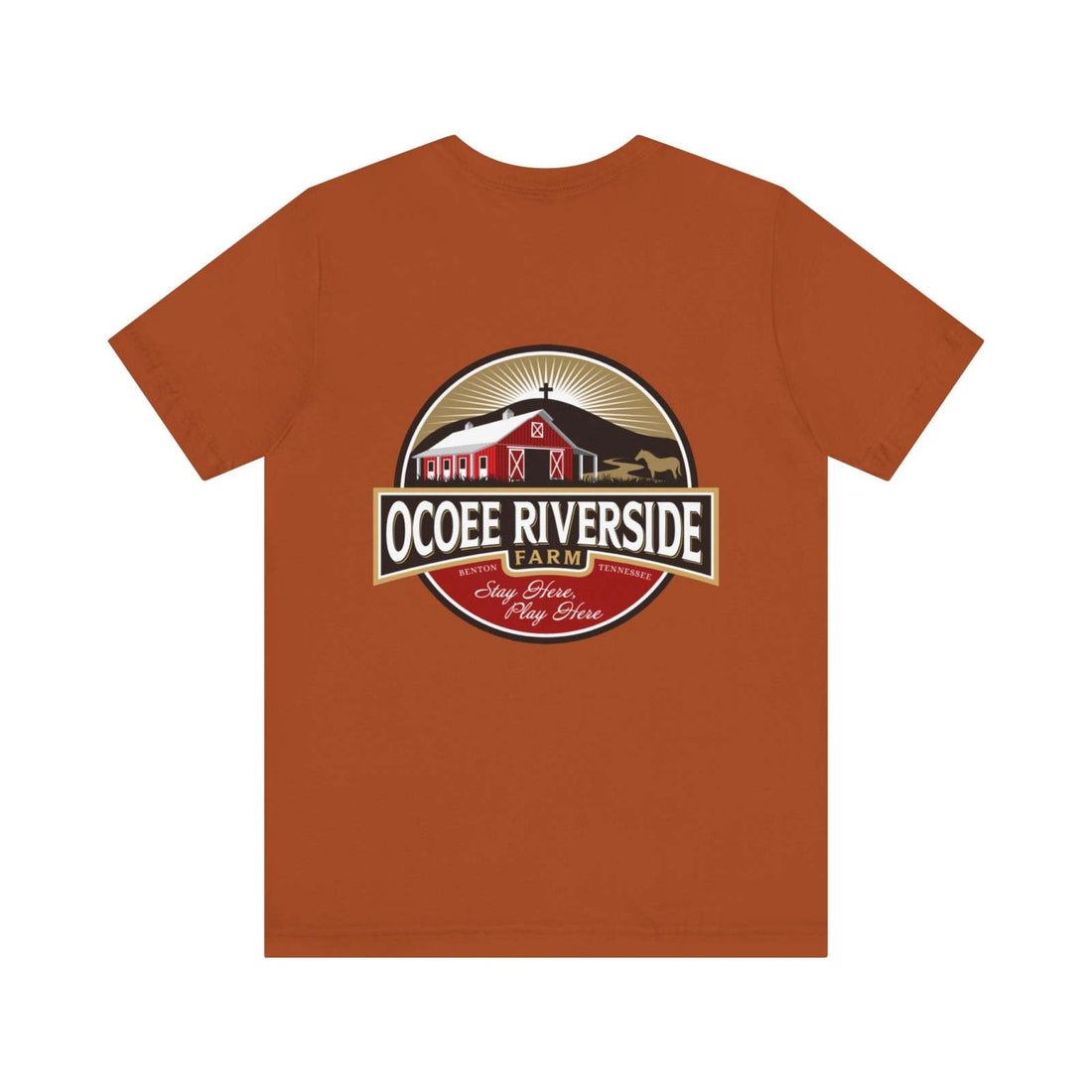 Unisex rust-colored t-shirt with Ocoee Riverside Farm logo on the back