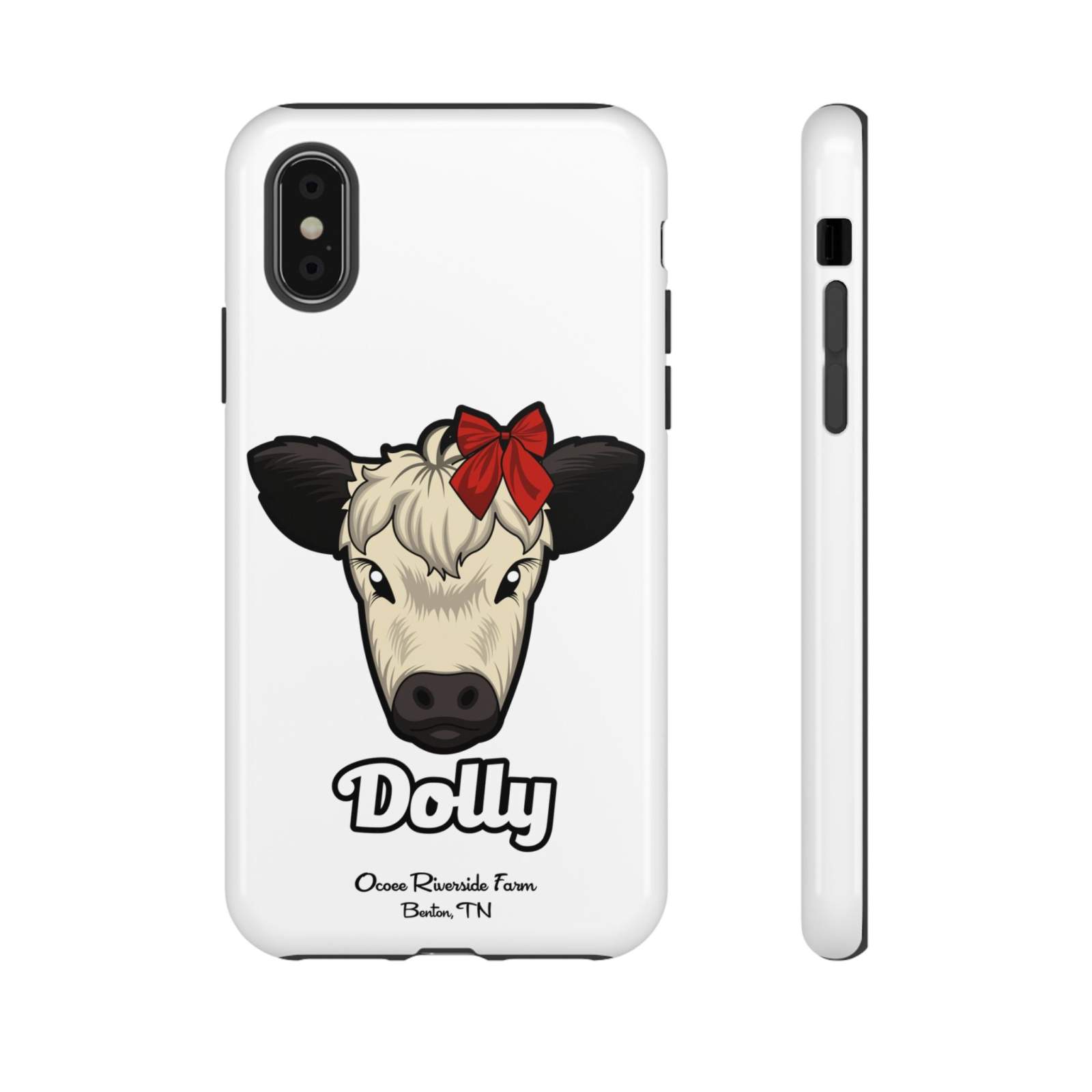 Farmhouse Chic Phone Case with Dolly the cow wearing a red bow, durable protective design with rustic charm