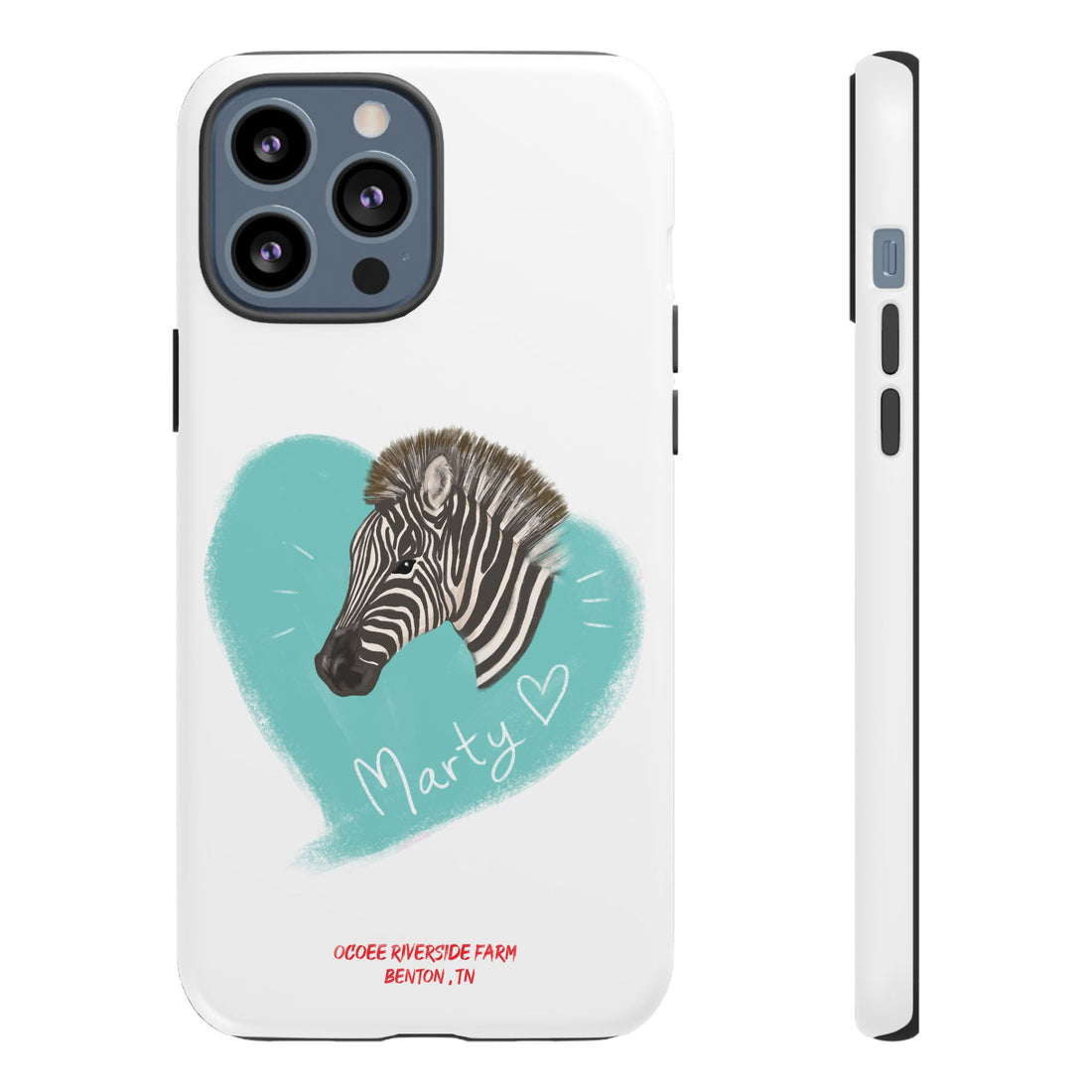 A zebra adorned with the word "Marty" creatively integrated into its stripes at Ocoee Riverside Farm Phone Case
