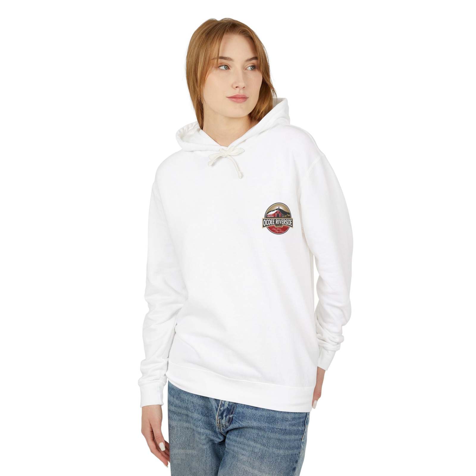 Unisex white Cute Cow Hoodie with small farm logo, lightweight and cozy sweatshirt for casual wear and layering