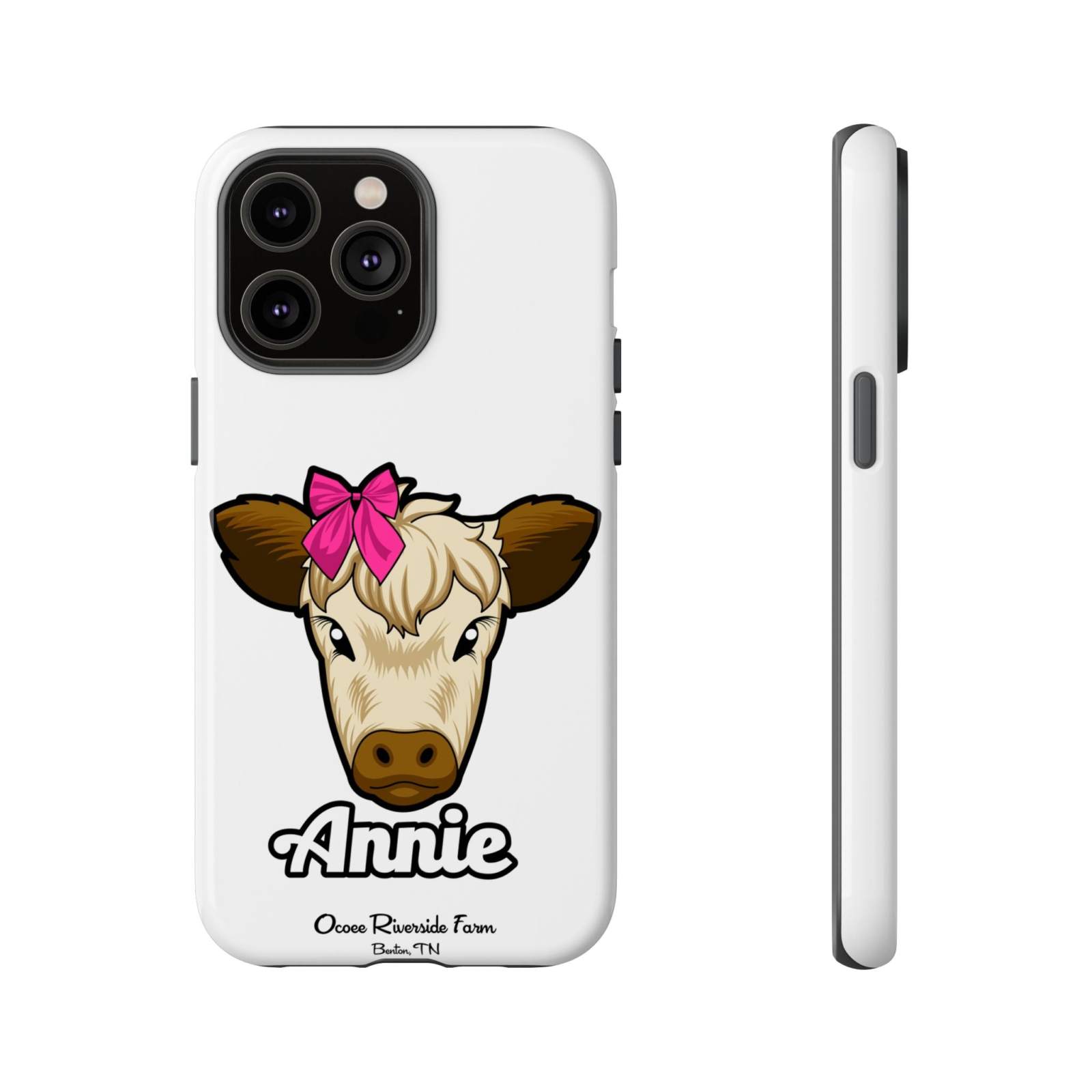Cute cow phone case with red bow, durable and stylish for farm animal lovers.