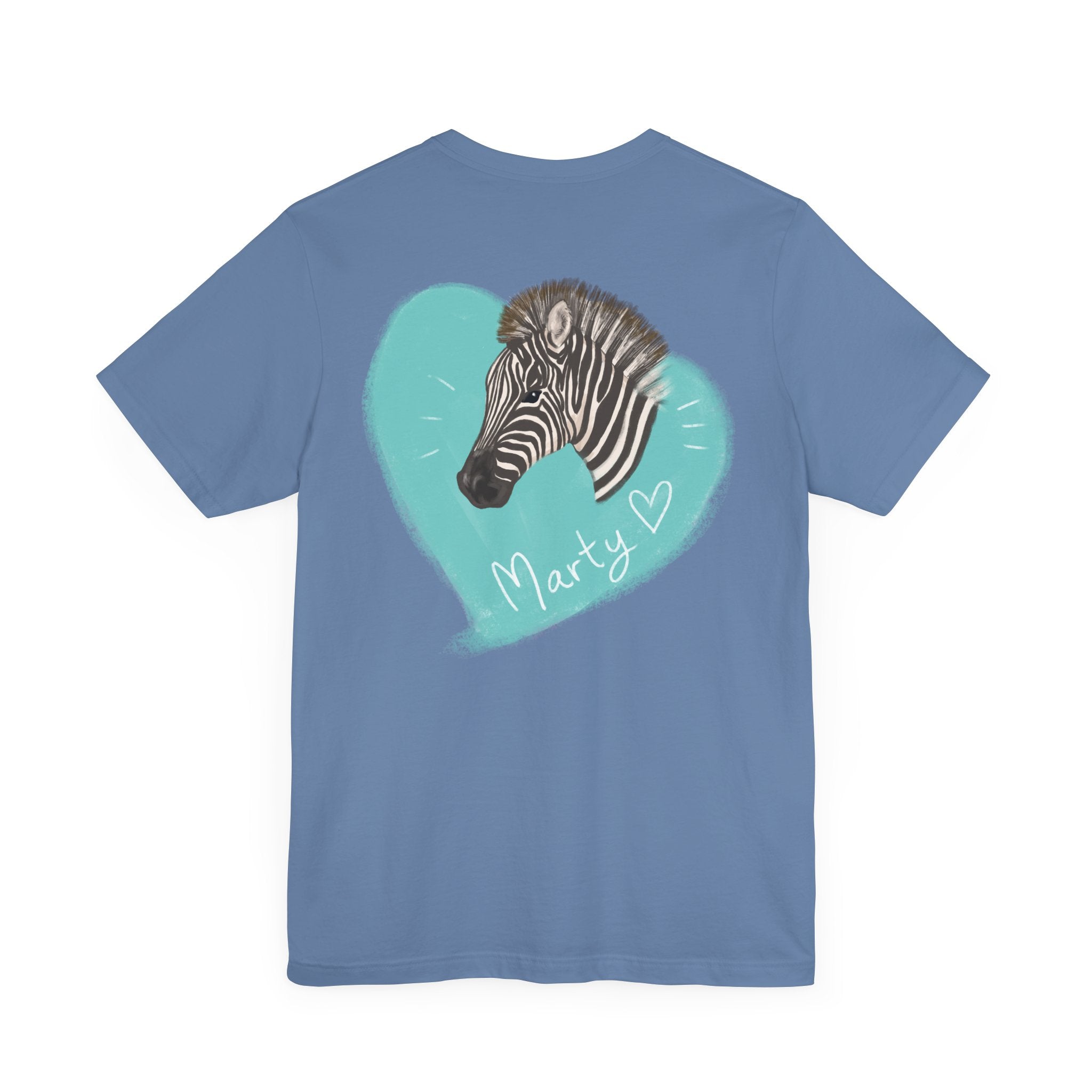 A zebra adorned with the word "Marty" creatively integrated into its stripes at Ocoee Riverside Farm T-Shirt
