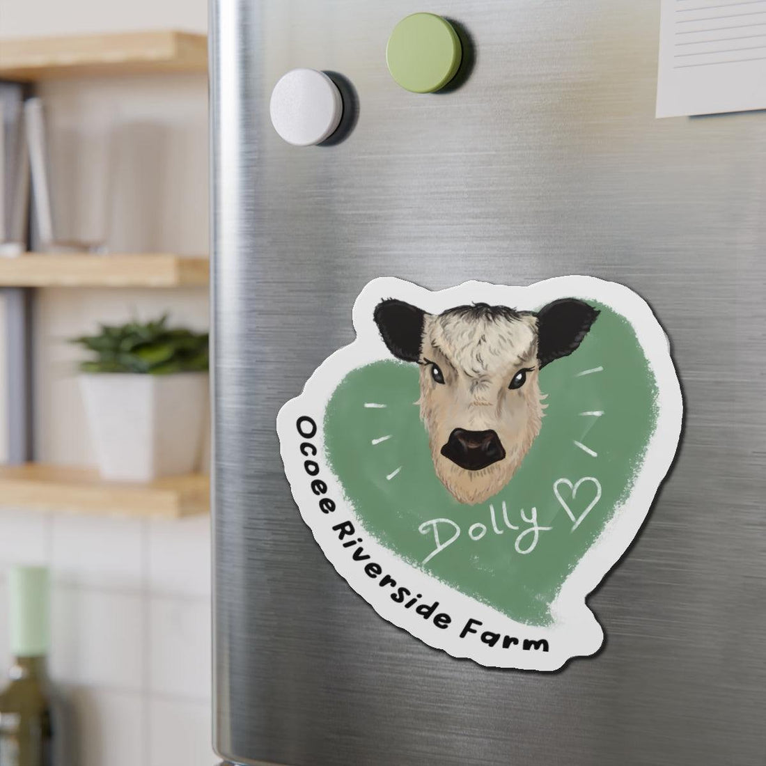 Cute cow die-cut magnet with farm animal design on refrigerator door