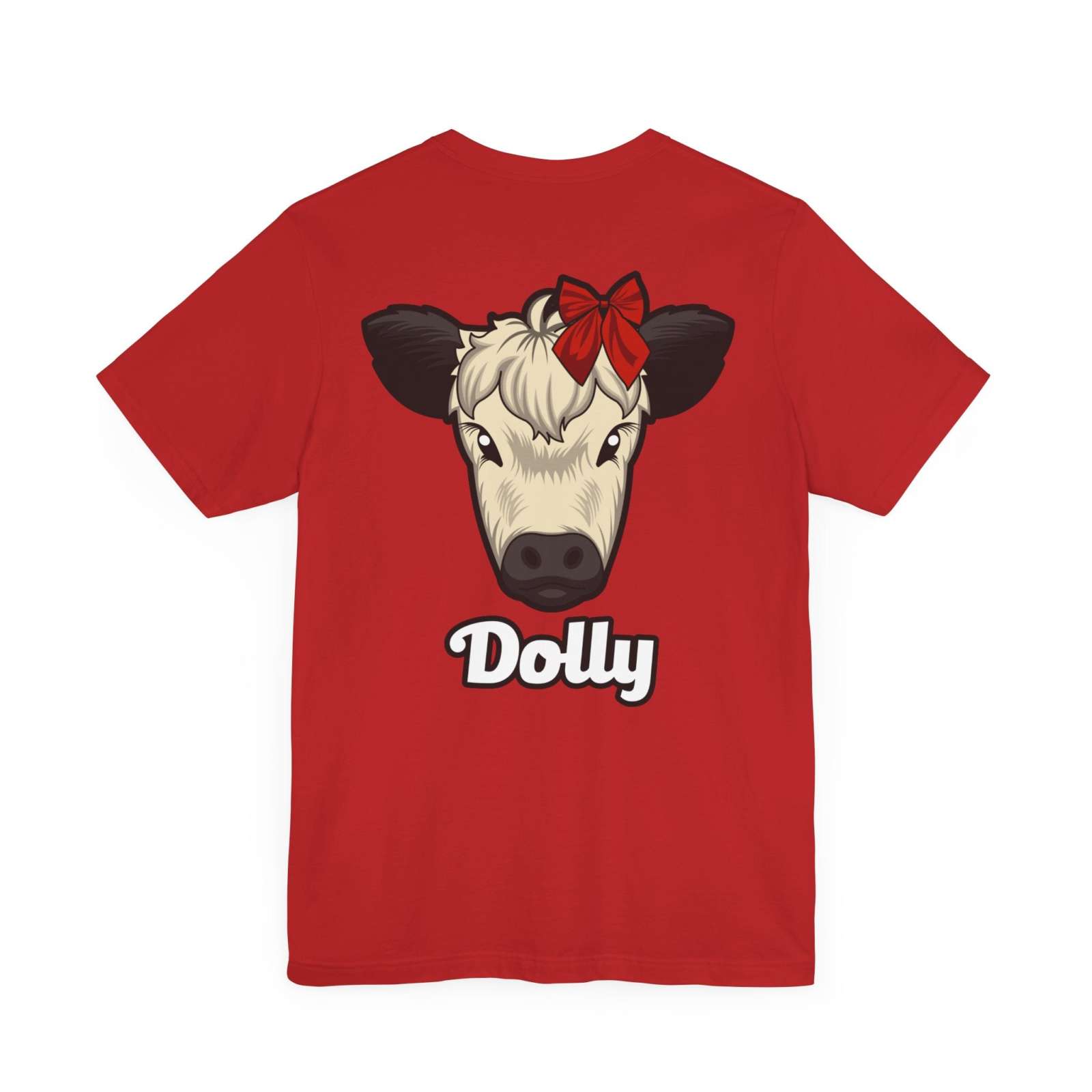 Red Country Cow Graphic Tee featuring a cow named Dolly with a charming red bow on the front
