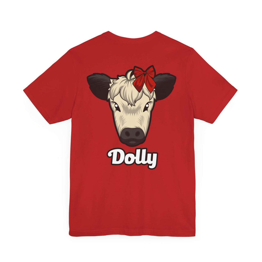 Red Country Cow Graphic Tee featuring a cow named Dolly with a charming red bow on the front