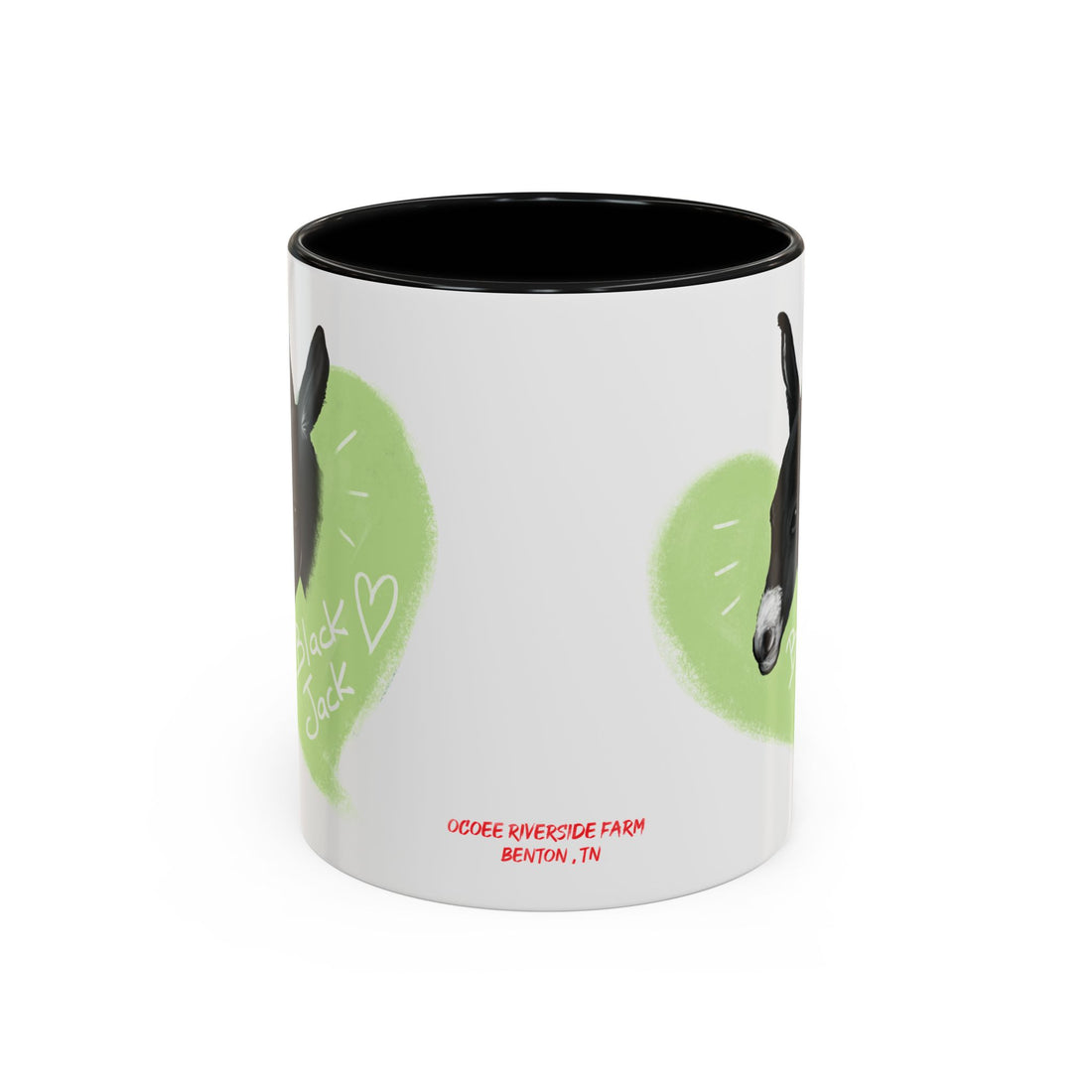 A donkey featuring the words "Black Jack" prominently displayed on its side at Ocoee Riverside Farm Coffee Mug