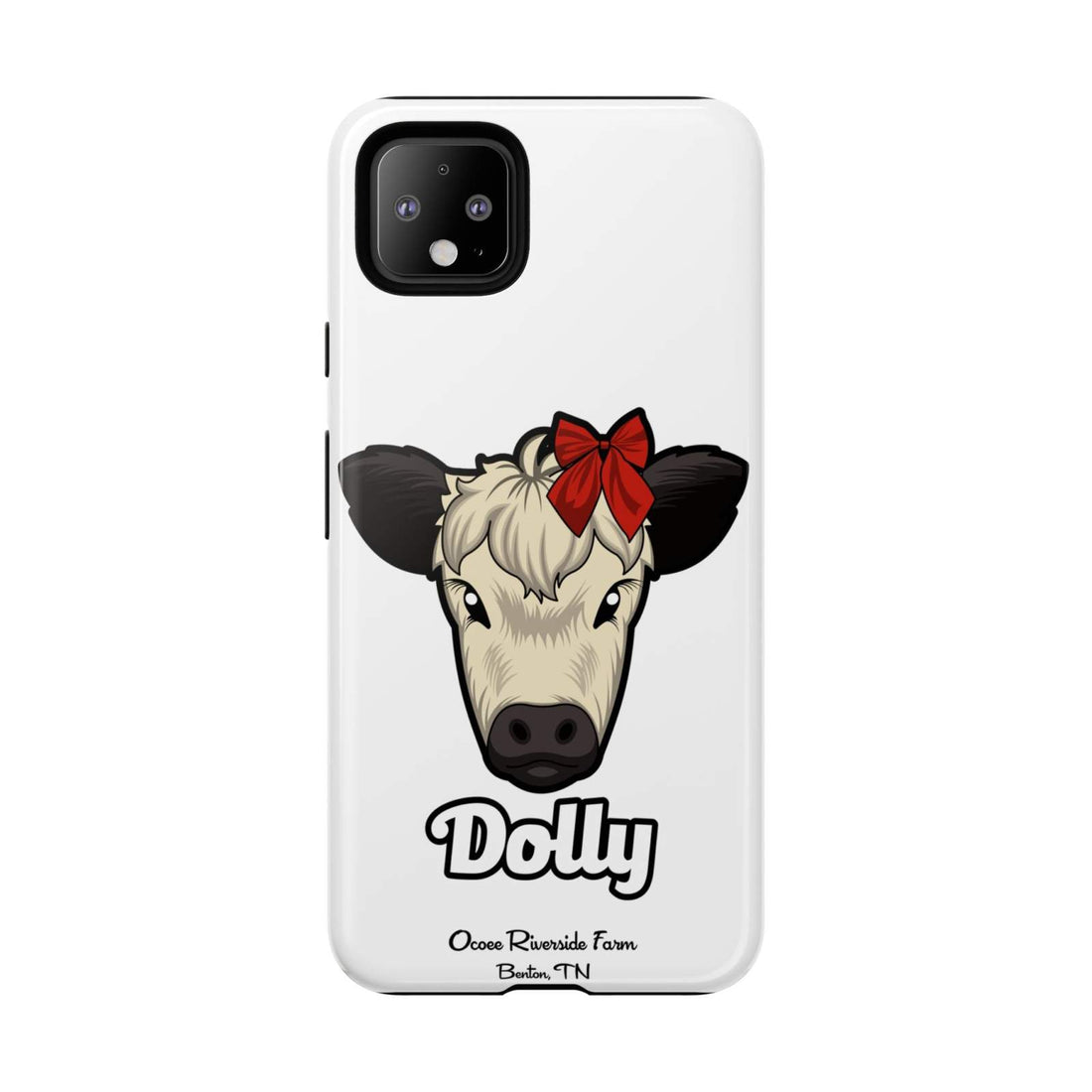 Farmhouse Chic Phone Case with Dolly the cow wearing a red bow, featuring rustic country design and durable protection