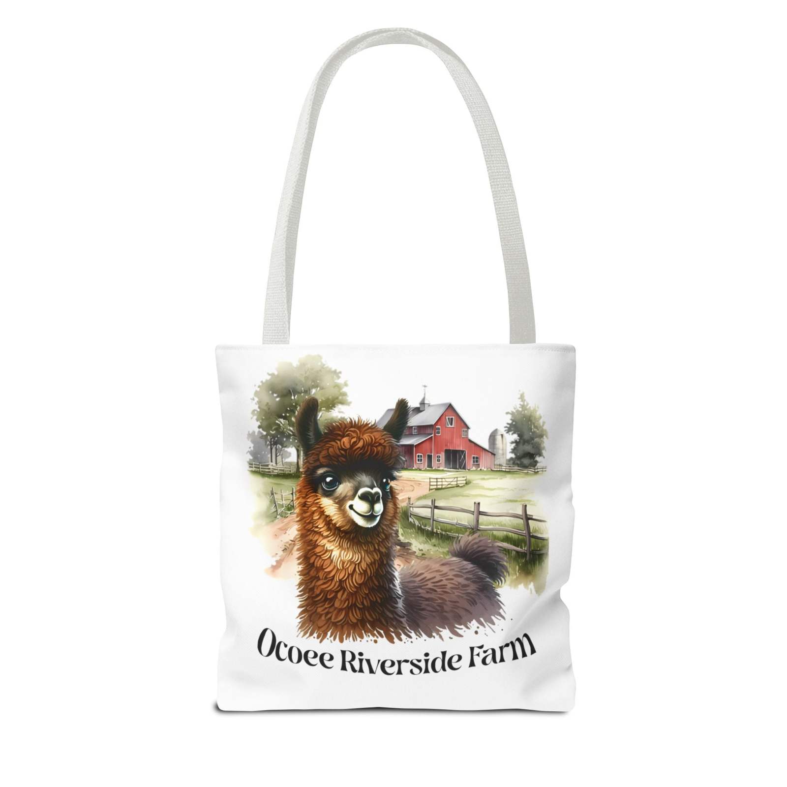 White tote bag featuring a cute illustrated llama with Ocoee Riverside Farm countryside design and text