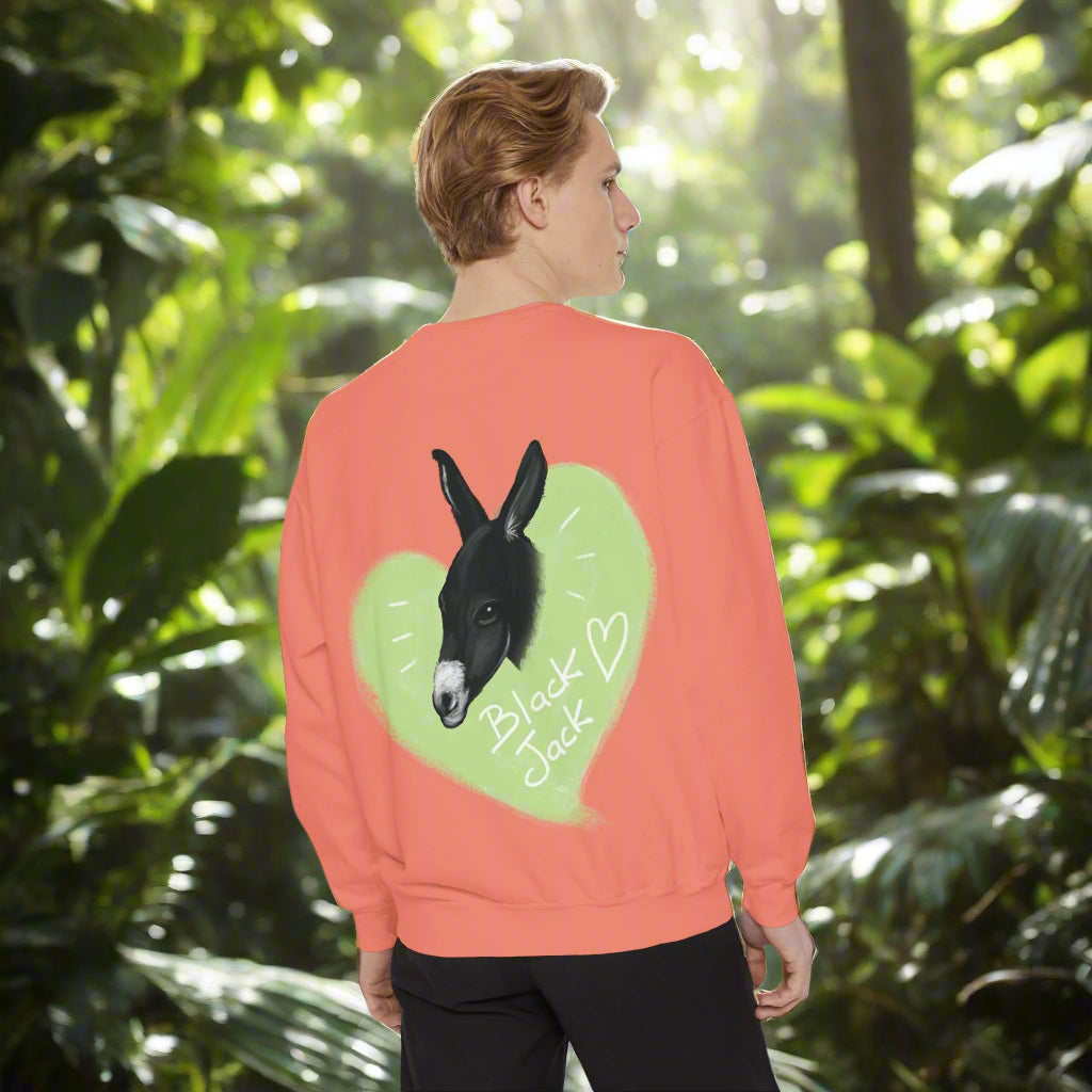A donkey featuring the words "Black Jack" prominently displayed on its side at Ocoee Riverside Farm Sweatshirt