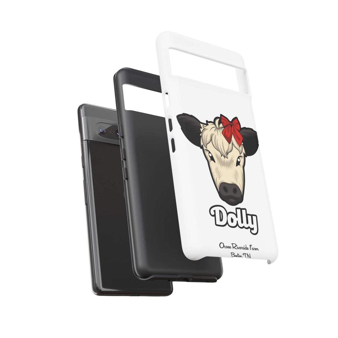 Farmhouse Chic Phone Case with Dolly the Cow and Red Bow Design, Rustic and Durable Protection.