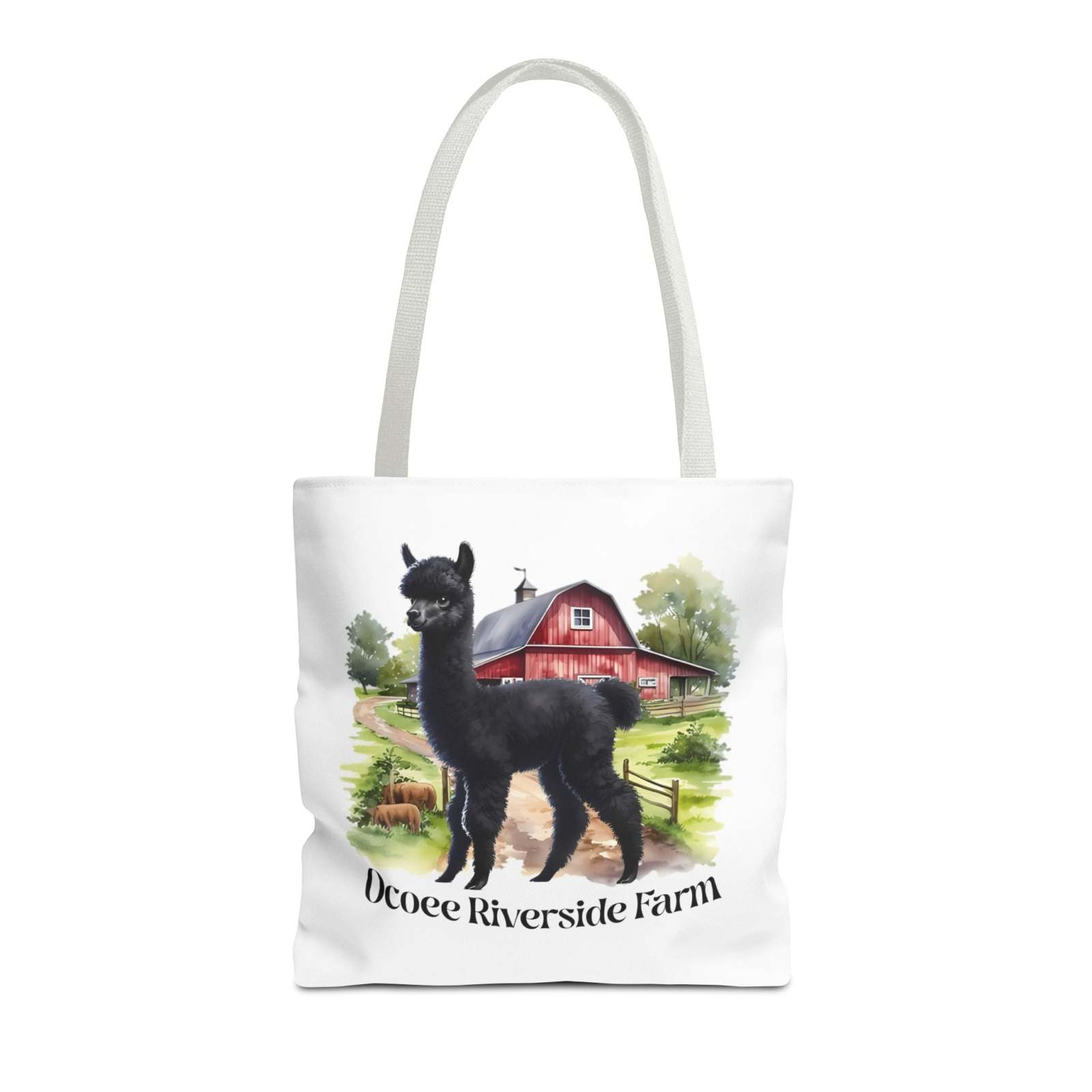 Eco-friendly Llama Tote Bag with Ocoee Riverside Farm design, durable polyester shopping bag with reinforced handles.