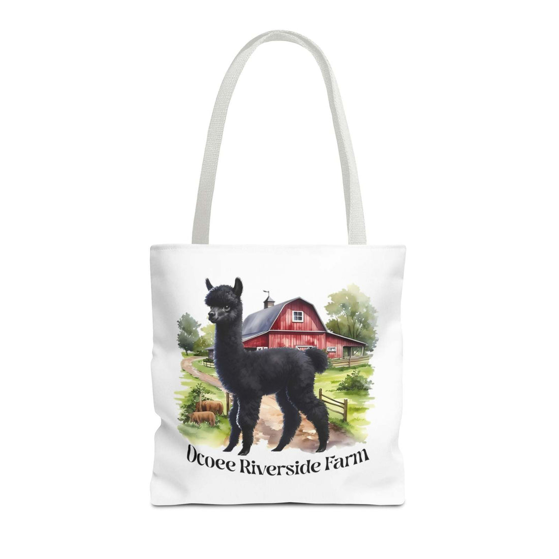 Eco-friendly Llama Tote Bag with Ocoee Riverside Farm design, durable polyester shopping bag with reinforced handles.