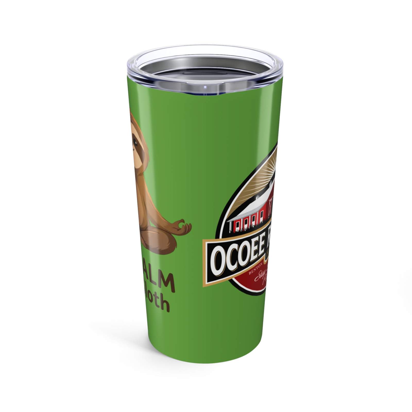Green 20oz stainless steel sloth tumbler with Keep Calm Sloth On design from Ocoee Riverside Farm, vacuum insulated for hot or cold drinks