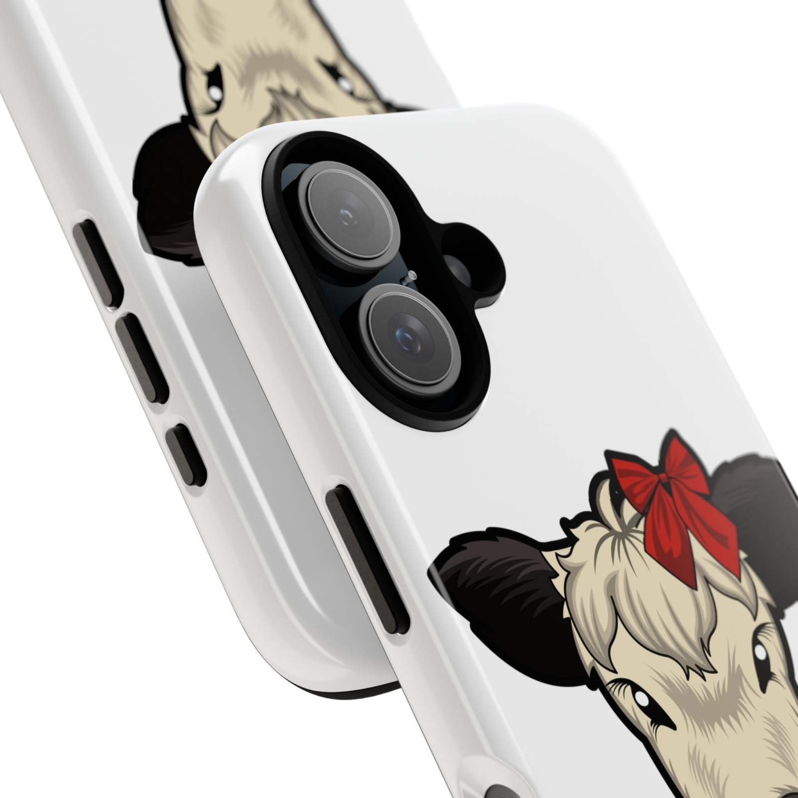 Farmhouse Chic Phone Case featuring Dolly the Cow with red bow and rustic design.