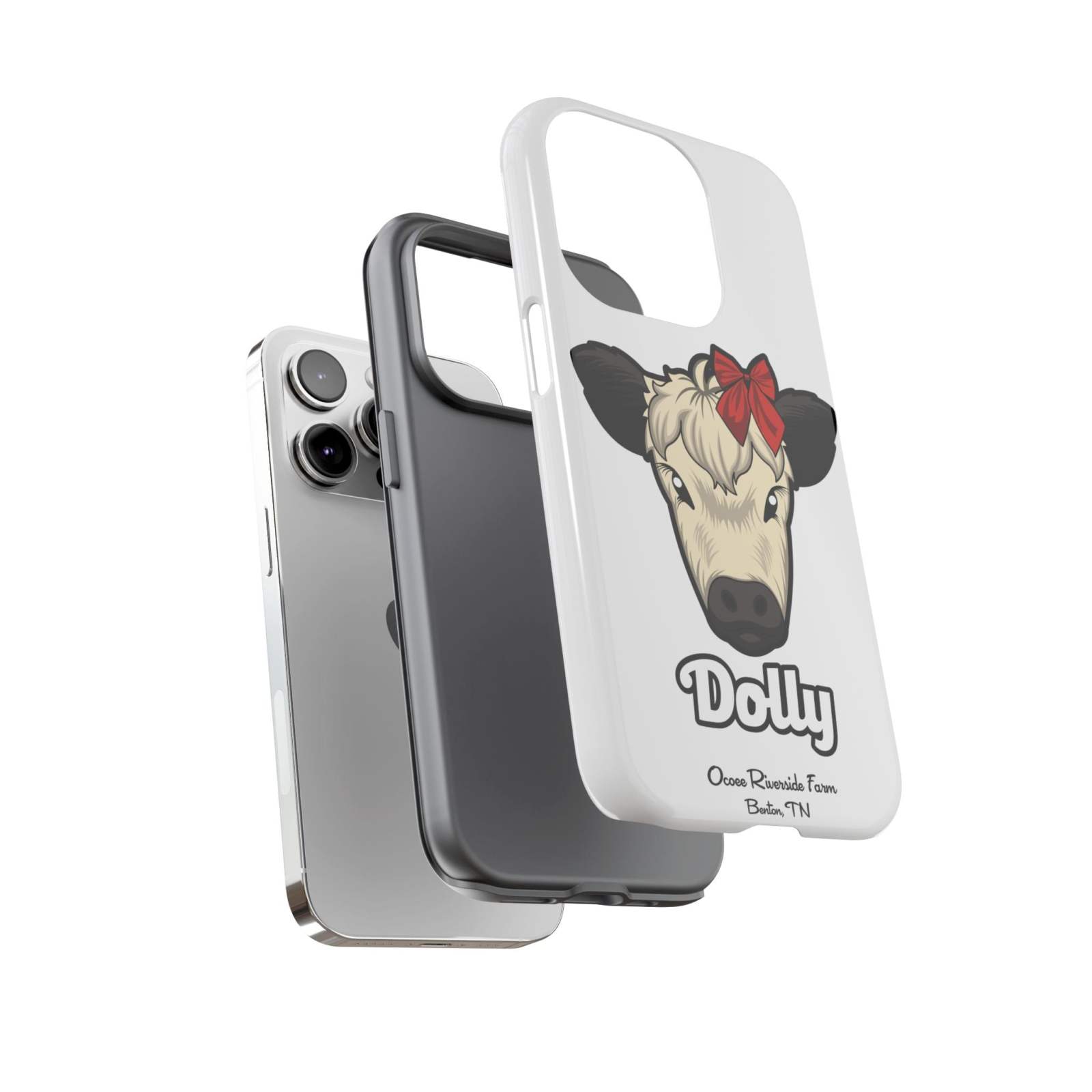 Farmhouse Chic Phone Case with Dolly the bow-adorned cow design.
