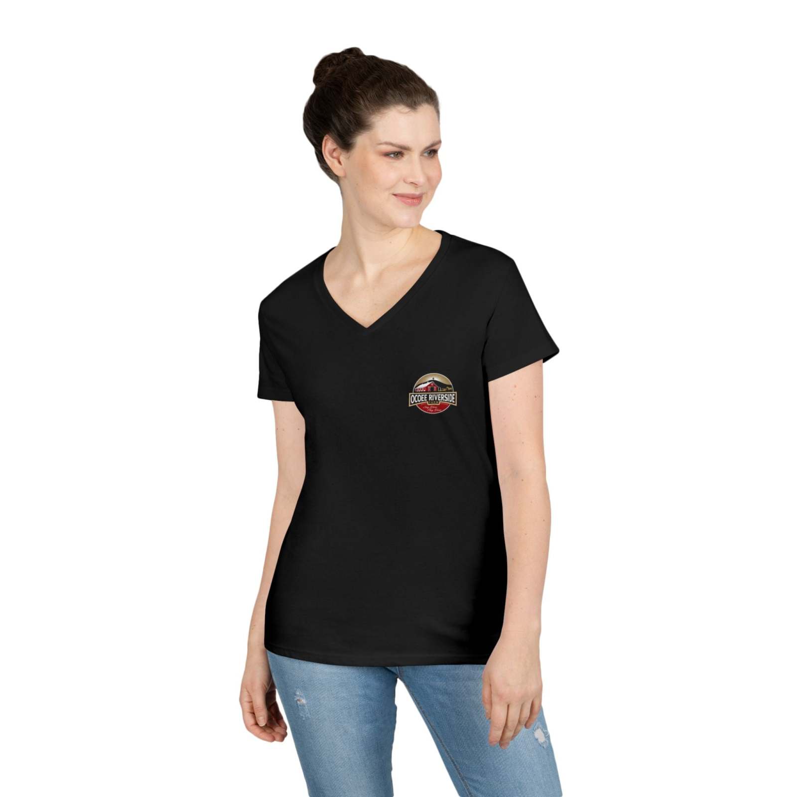 Woman wearing black Rustic Farm Style V-Neck T-shirt with small farm logo on chest and blue jeans
