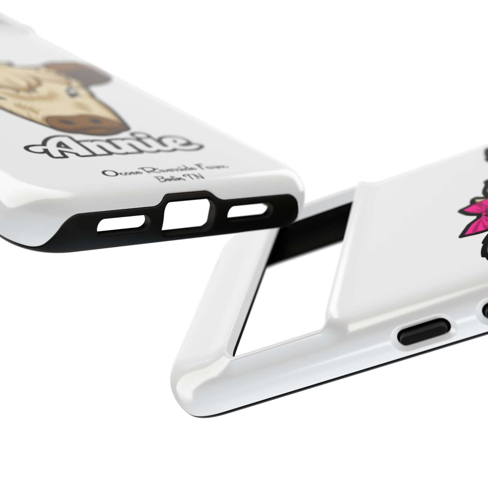 Cute cow phone case with red bow, durable, UV-protected, perfect farm animal lover gift.