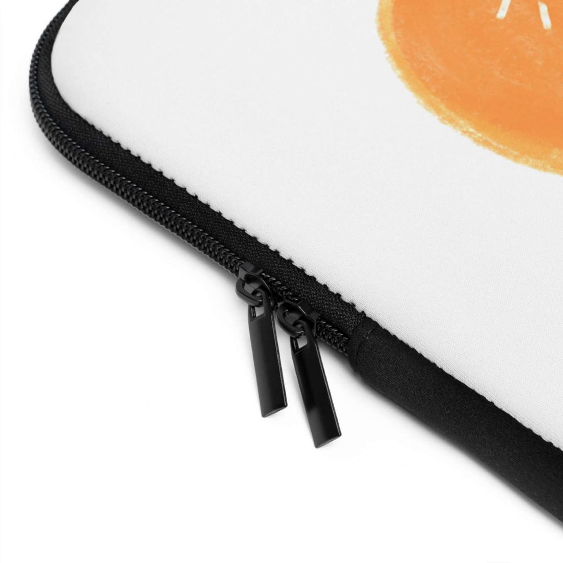 Close-up of black dual zipper on Custom Cow Laptop Sleeve with heart design and white neoprene material