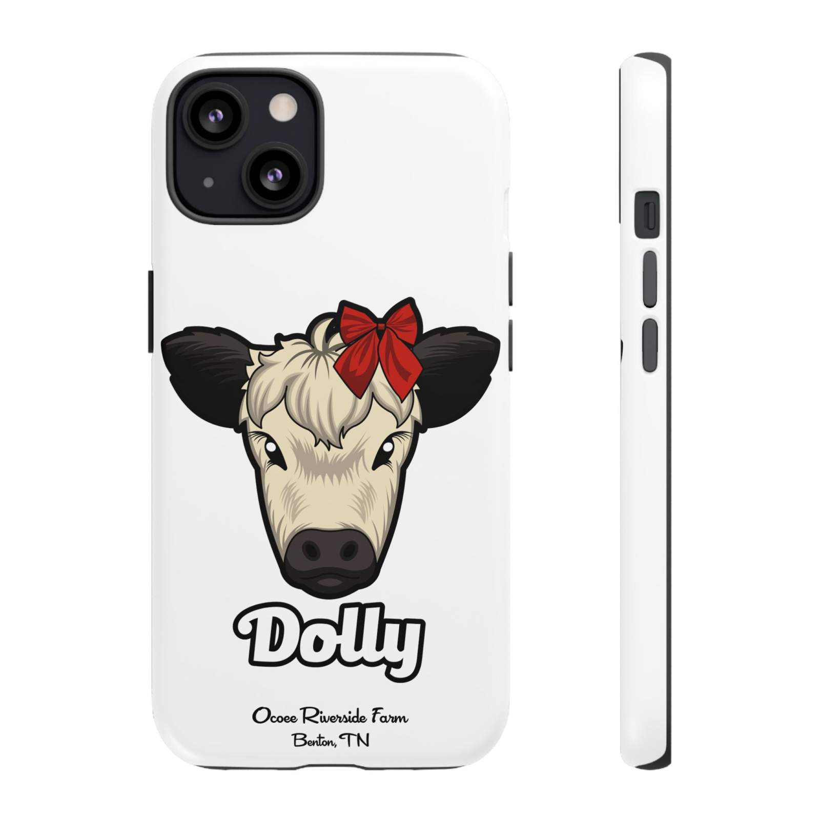 Farmhouse Chic Phone Case with a cute cow named Dolly wearing a red bow, white background, protective and stylish design