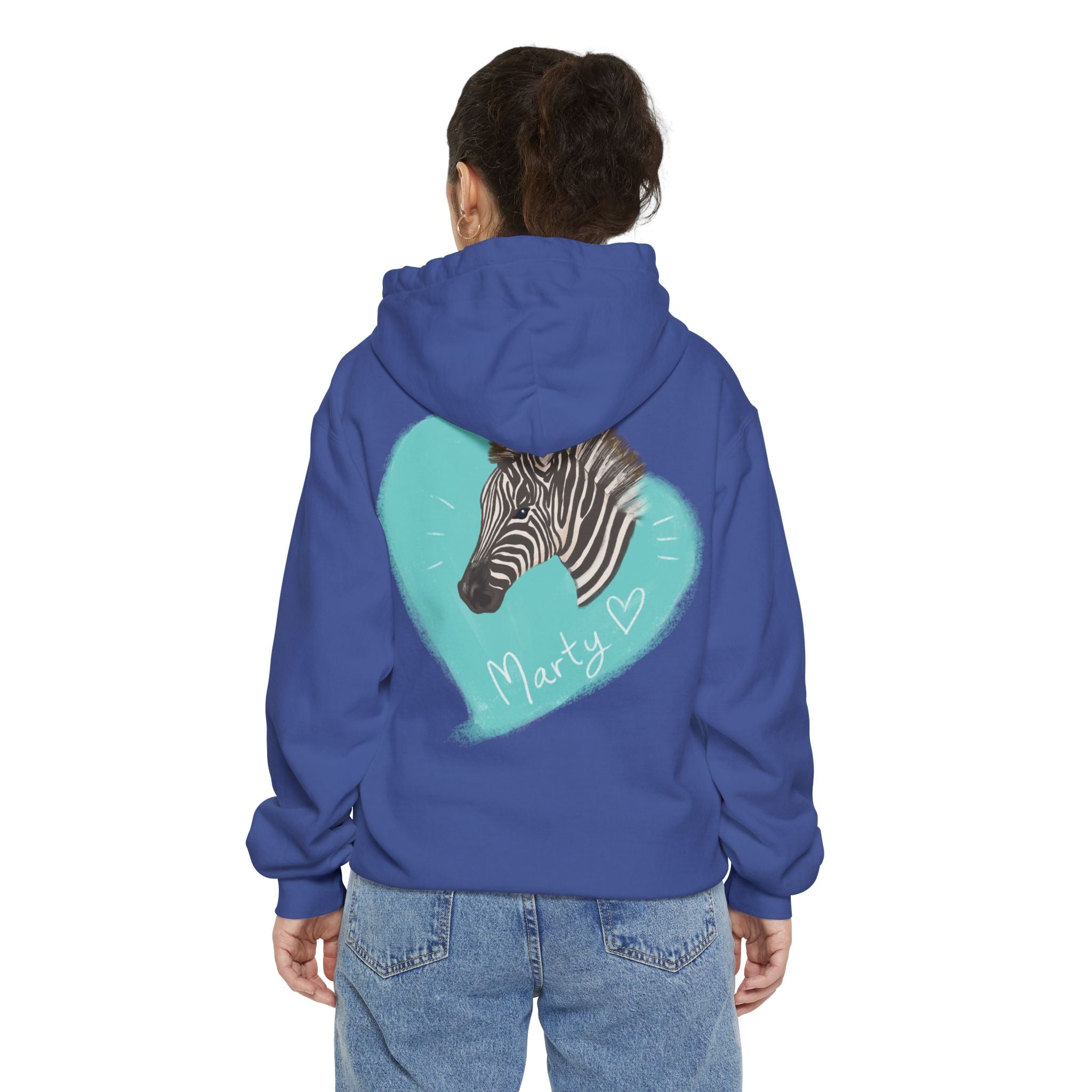 A zebra adorned with the word "Marty" creatively integrated into its stripes at Ocoee Riverside Farm Unisex Hoodie