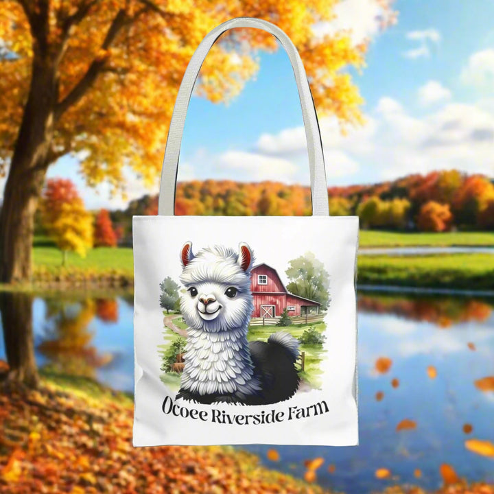 Eco-friendly Alpaca Tote Bag with Ocoee Riverside Farm design, durable polyester, reinforced handles, and spacious storage.