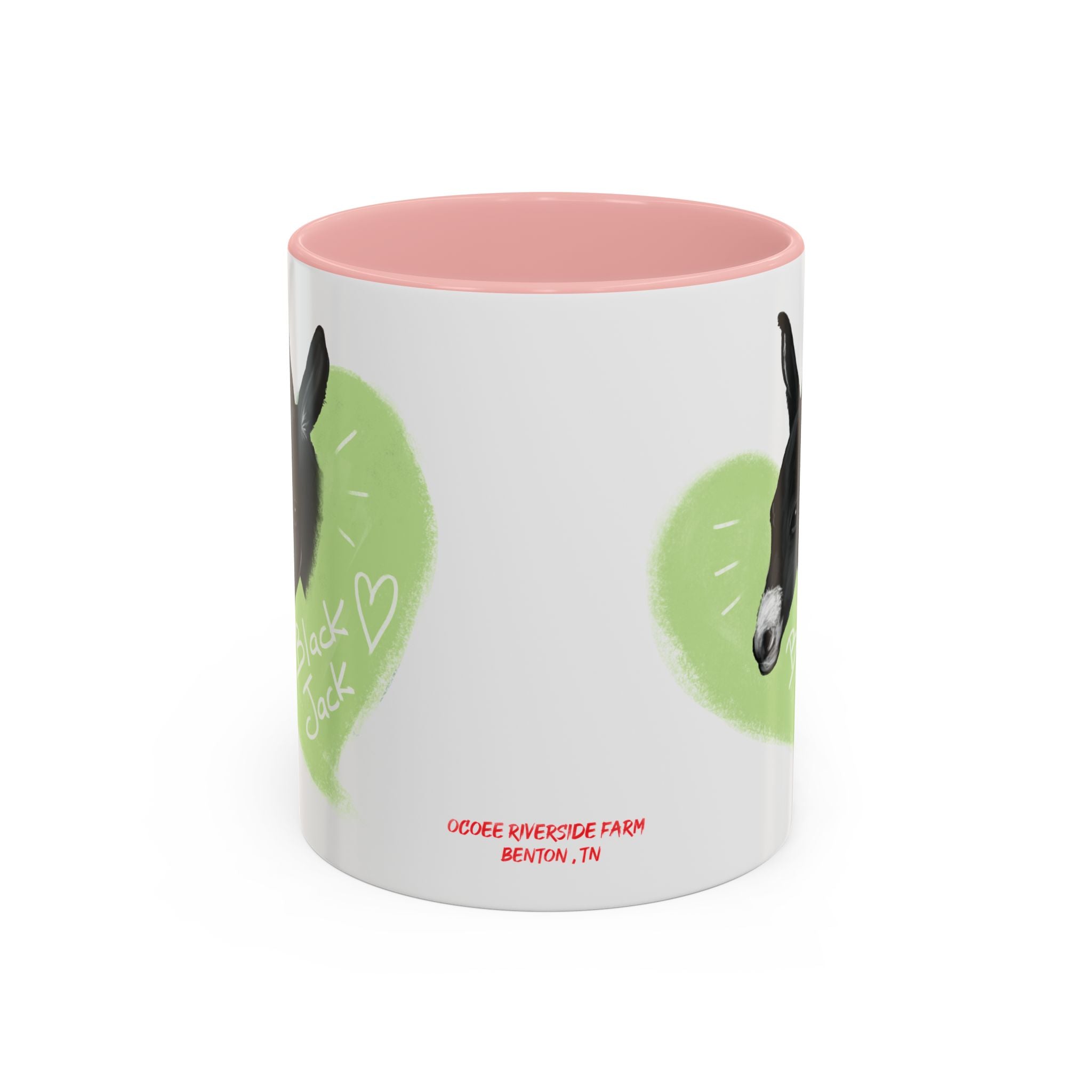 A donkey featuring the words "Black Jack" prominently displayed on its side at Ocoee Riverside Farm Coffee Mug