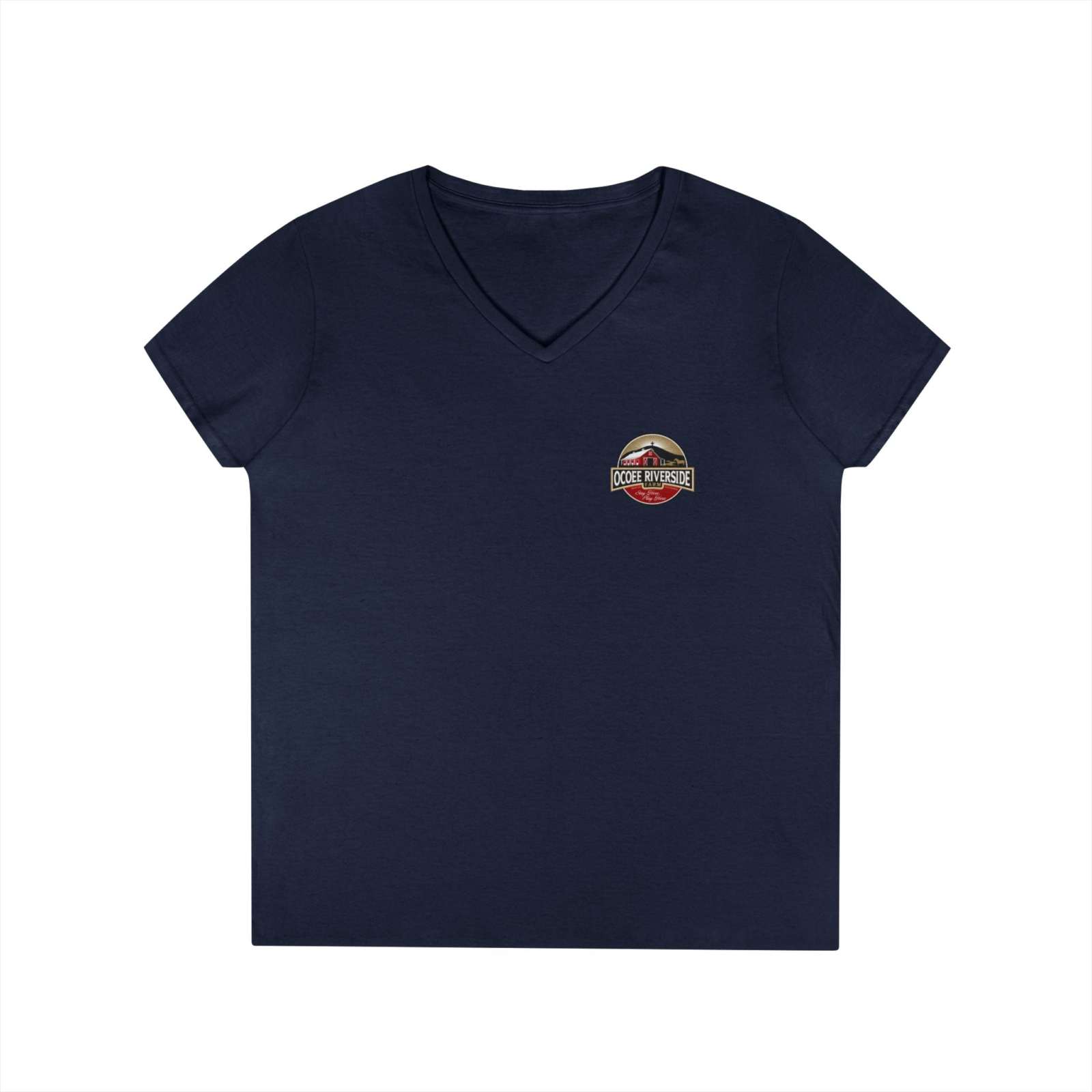 Navy blue Rustic Farm Style V-Neck women’s t-shirt with small farm-themed logo on chest, made from 100% cotton with ribbed collar and double needle stitching.