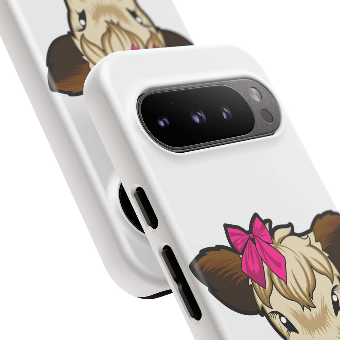 Cute farmhouse cow phone case with red bow, perfect farm animal lover gift, durable and stylish design.