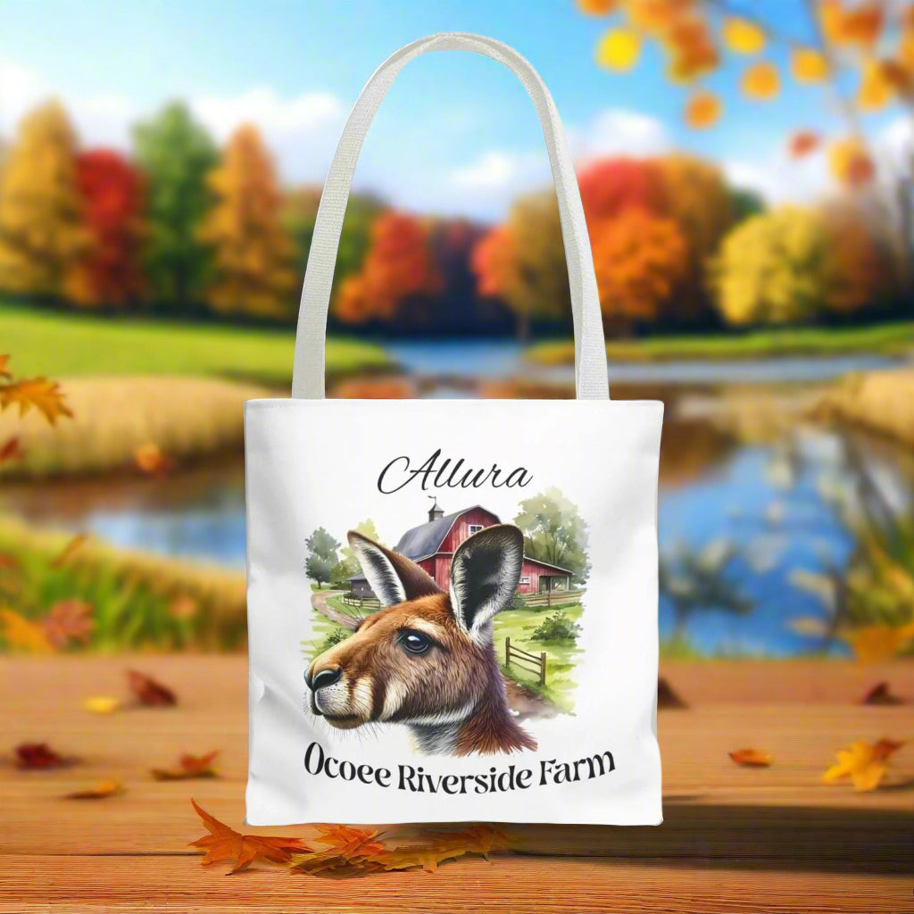 Eco-friendly Ferdinand Scottish Highland Tote Bag with Highland cow and Ocoee Riverside Farm design on white background