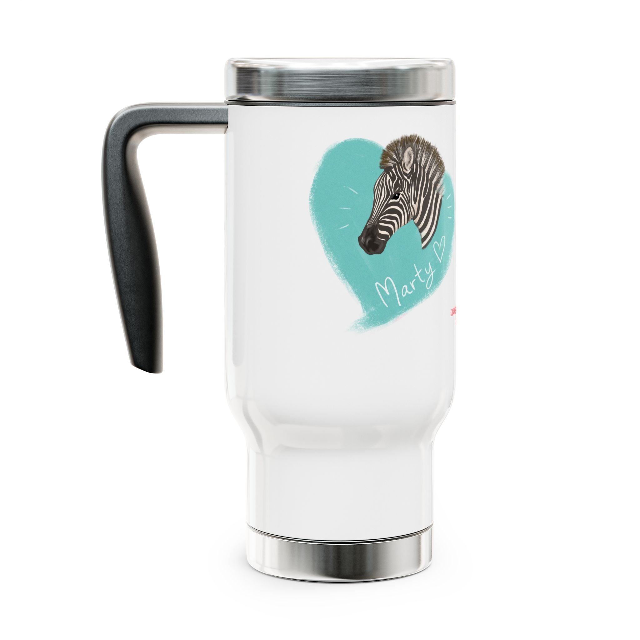 A zebra adorned with the word "Marty" creatively integrated into its stripes at Ocoee Riverside Farm Stainless Steel Travel Mug with Handle - 14oz