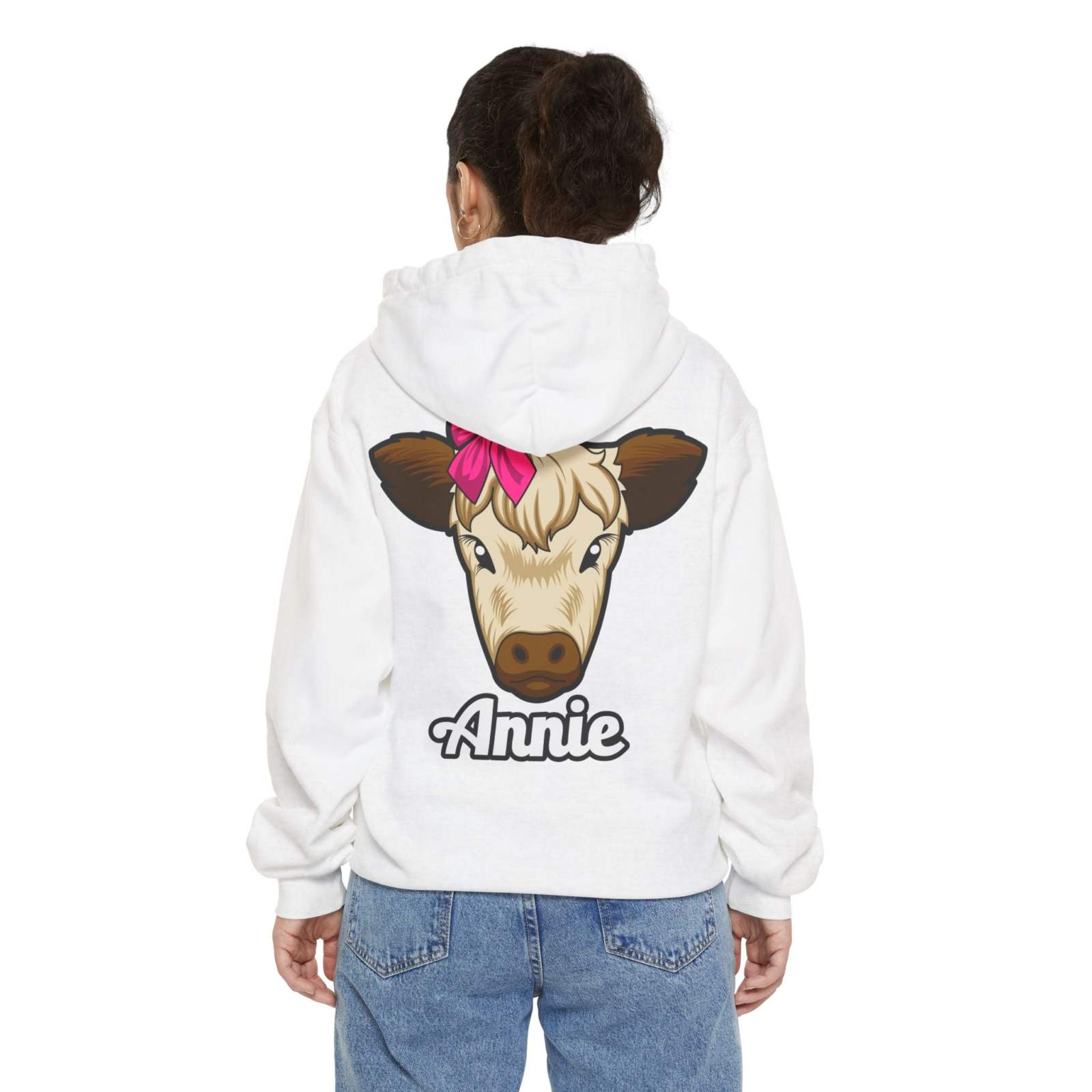 Unisex hoodie featuring Annie the Cow, perfect for farm animal lovers.