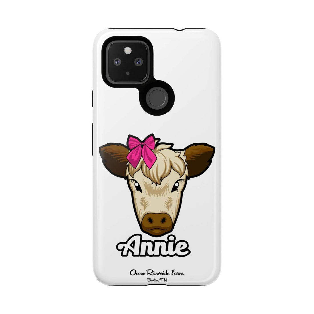 Cute cow phone case with pink bow, durable and UV protected, ideal farm animal lover gift.