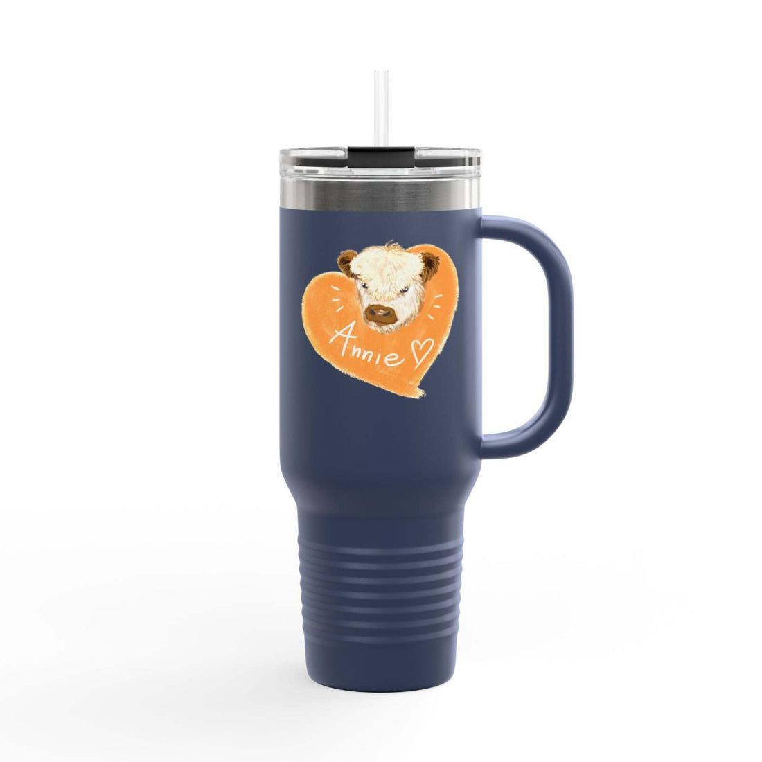 Personalized insulated travel mug 40oz navy with custom name Annie and heart design, stainless steel with handle and spill-proof lid