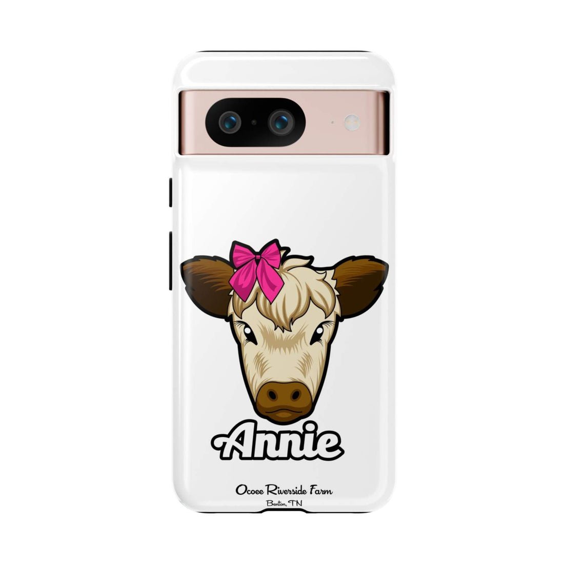 Cute farmhouse cow phone case with red bow, perfect farm animal lover gift.