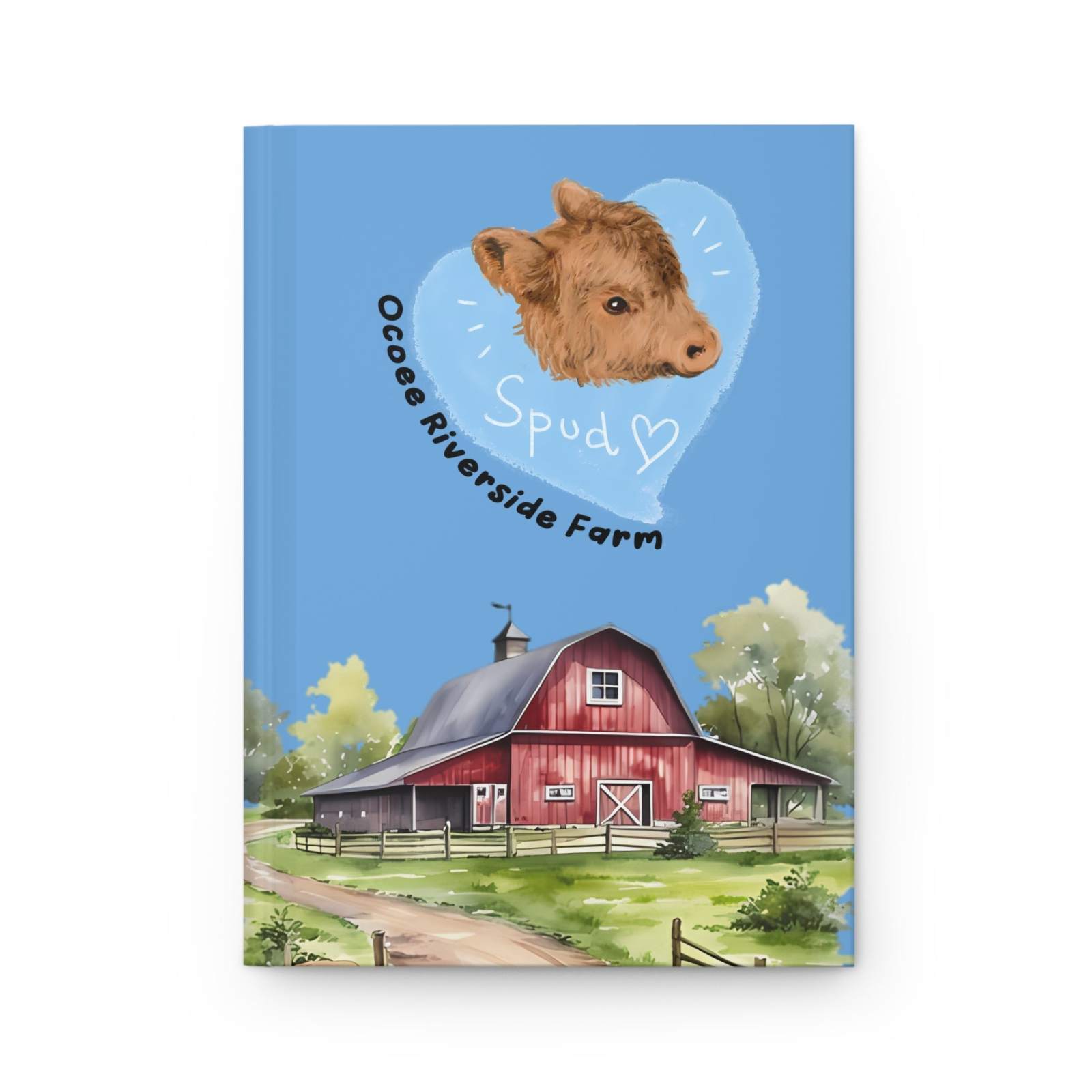 Rustic Cow Journal with Ocoee Riverside Farm design featuring a red barn and a cow illustration on a blue background hardcover notebook