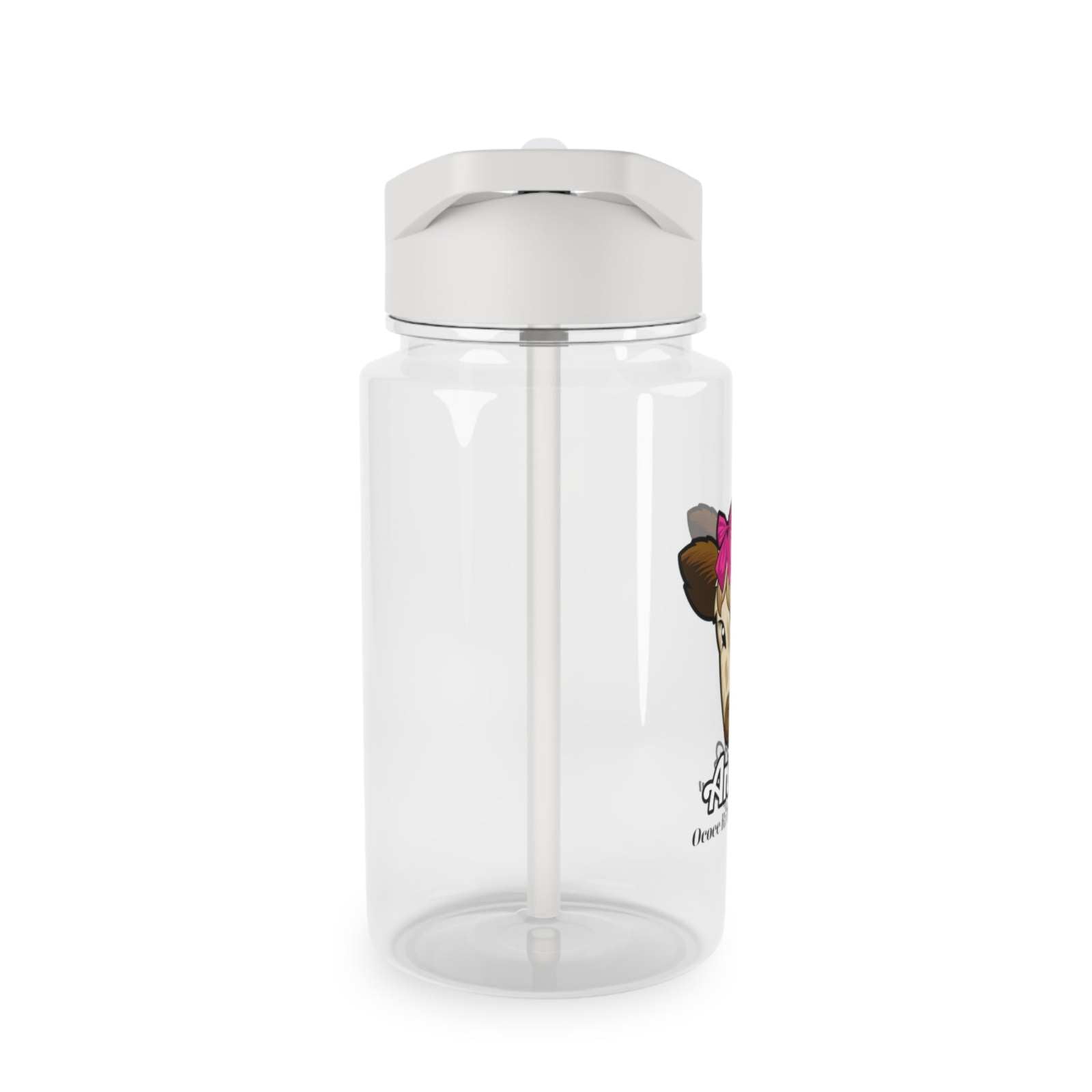 Clear farm animal water bottle with white spill-resistant lid and foldable straw, BPA-free, lightweight and durable for kids and adults.