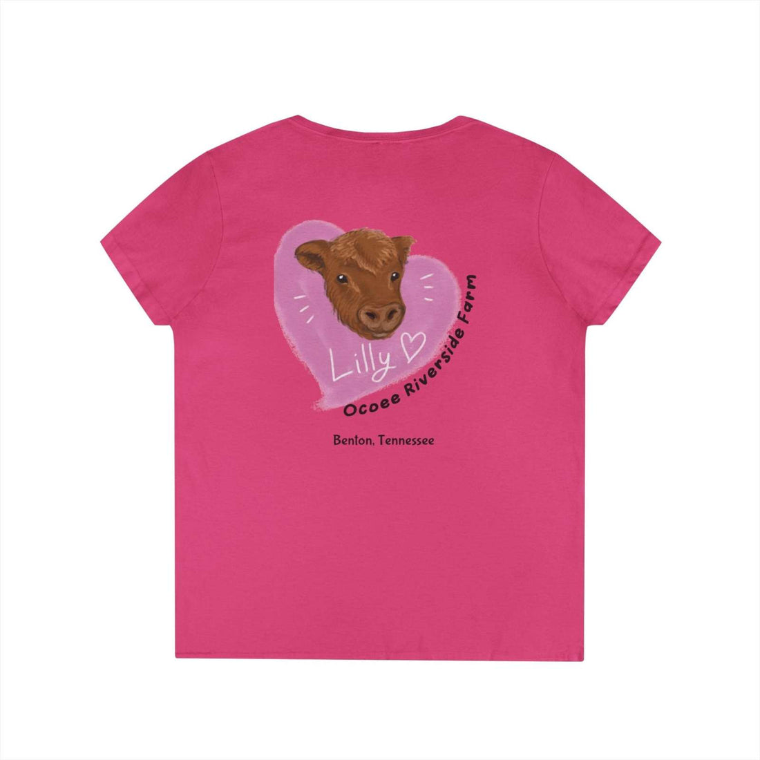 Pink Spud Heart Women’s V-Neck Tee with cow illustration and farm-themed text back design