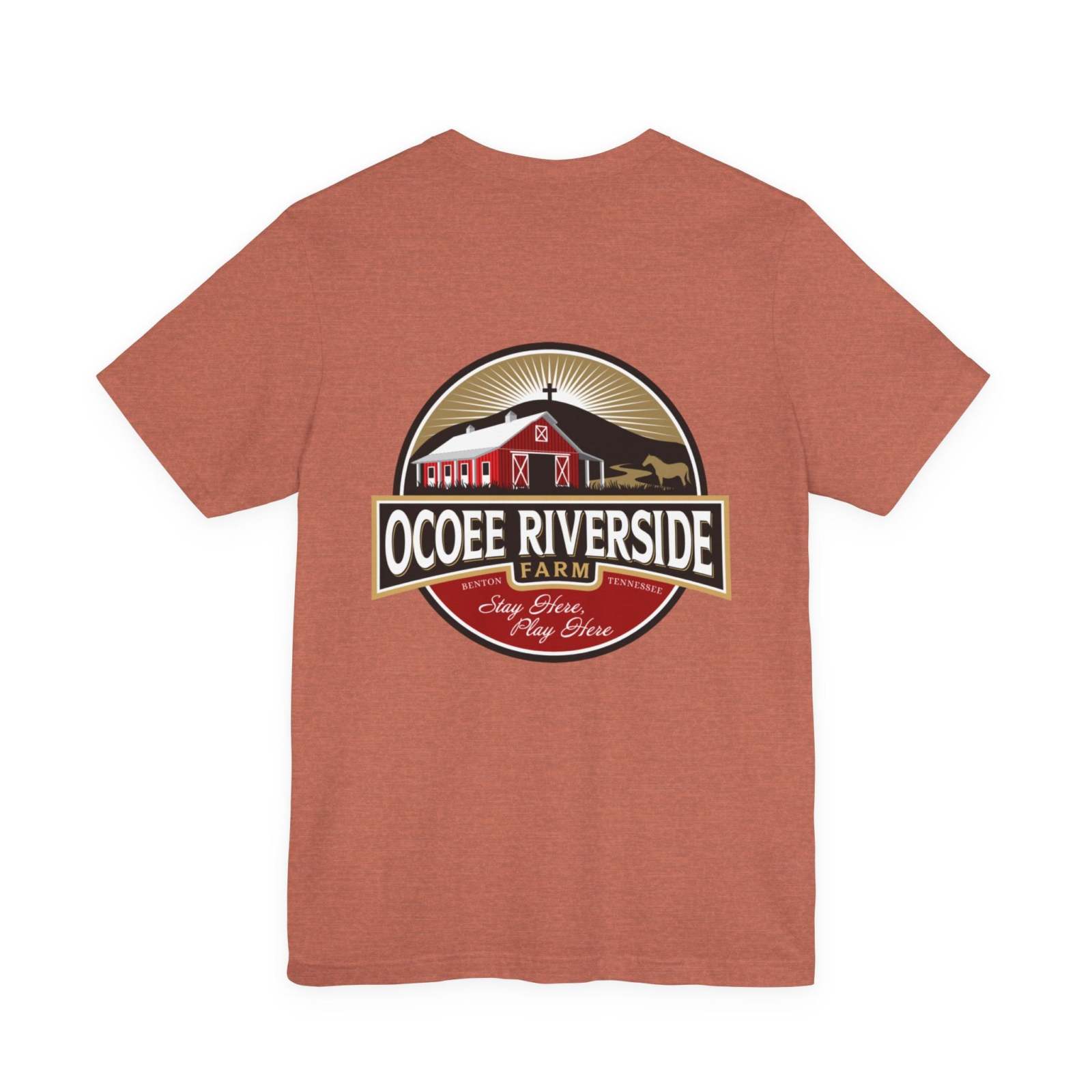Unisex terracotta Sloth T-Shirt with Ocoee Riverside Farm logo on the back, made from lightweight breathable cotton